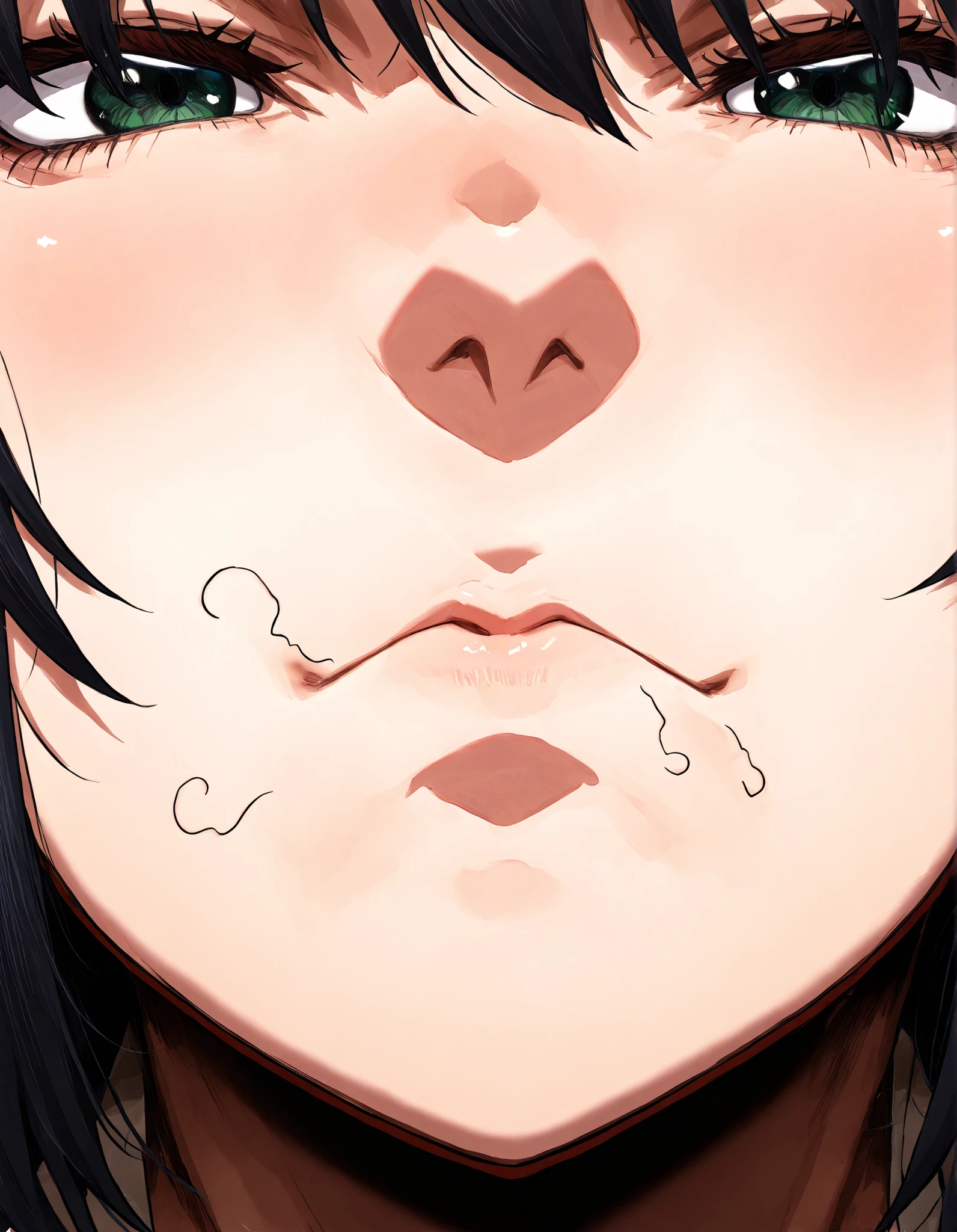 1 woman, age 40,kyou KAI, milf, NSFW, front view, mouth close-up, mouth focus, (random pubic hair), closed mouth, black hair,stray pubic hair,Mouth full of sperm 