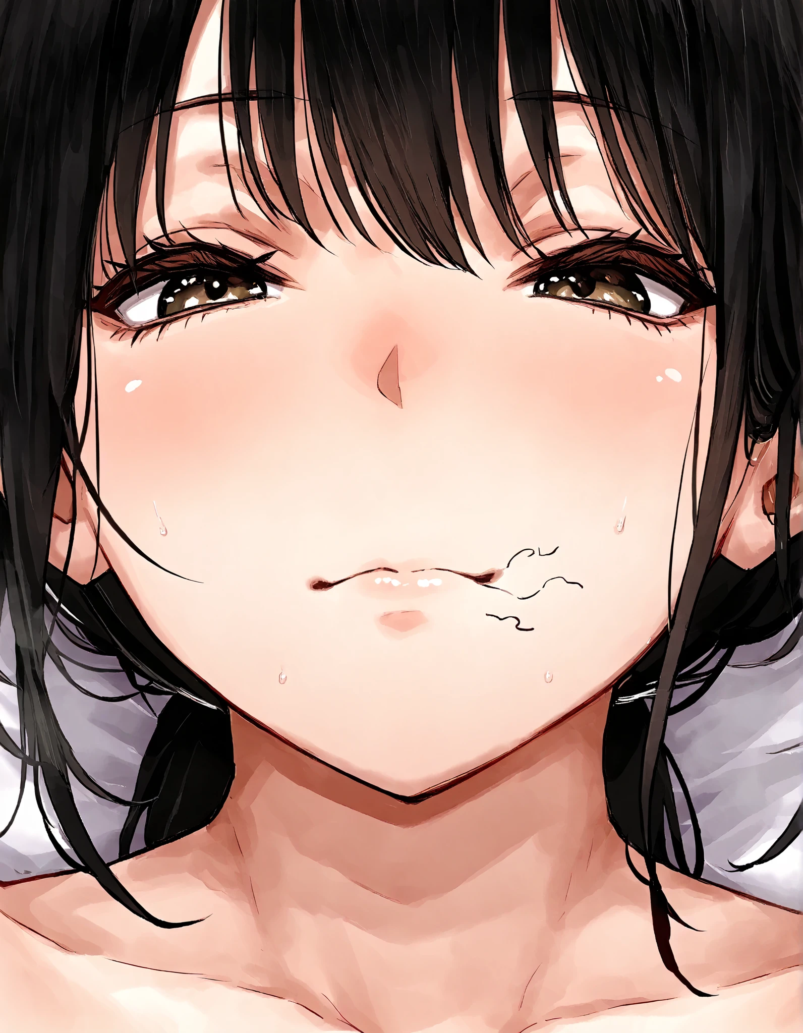 1 woman, age 40, natsume benkei, milf, NSFW, front view, mouth close-up, mouth focus, (random pubic hair), closed mouth, black hair,stray pubic hair,Mouth full of sperm 