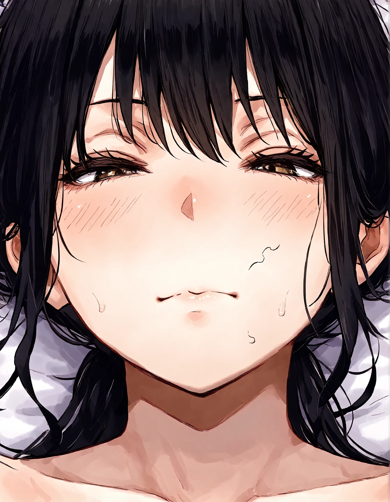 1 woman, age 40, natsume benkei, milf, NSFW, front view, mouth close-up, mouth focus, (random pubic hair), closed mouth, black hair,stray pubic hair,Mouth full of sperm 
