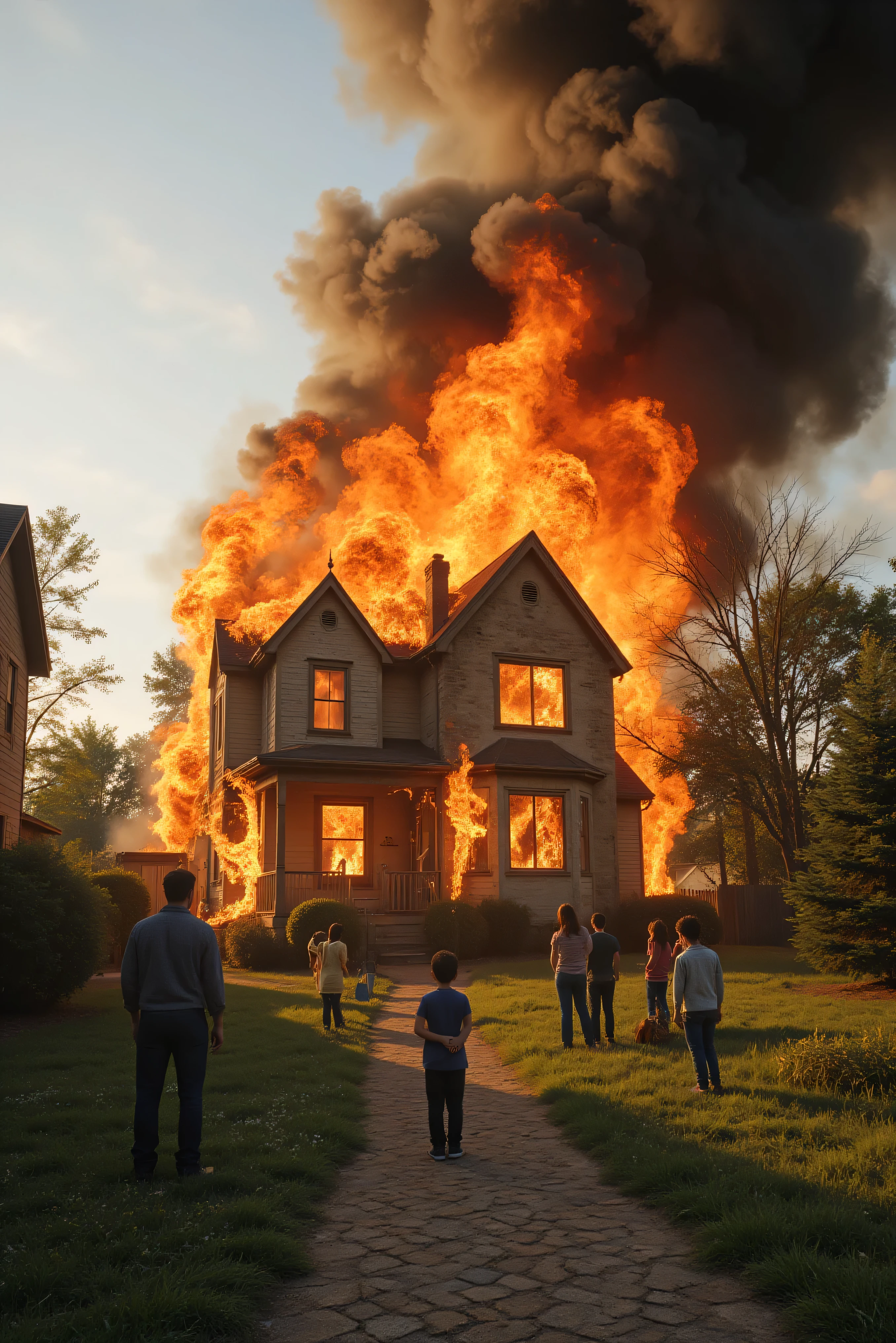 Saturday morning. A house on fire in a residential neighborhood. The house is completely engulfed in flames, the family waits outside watching it burn down, neighbors stand outside watching ot burn too. Clear sunny day, sky full of smoke. Ultra-realistic, photorealistic, cinematic photography, cinematic lighting, physically-based rendering, 3D rendered realism, cinematography, a masterpiece