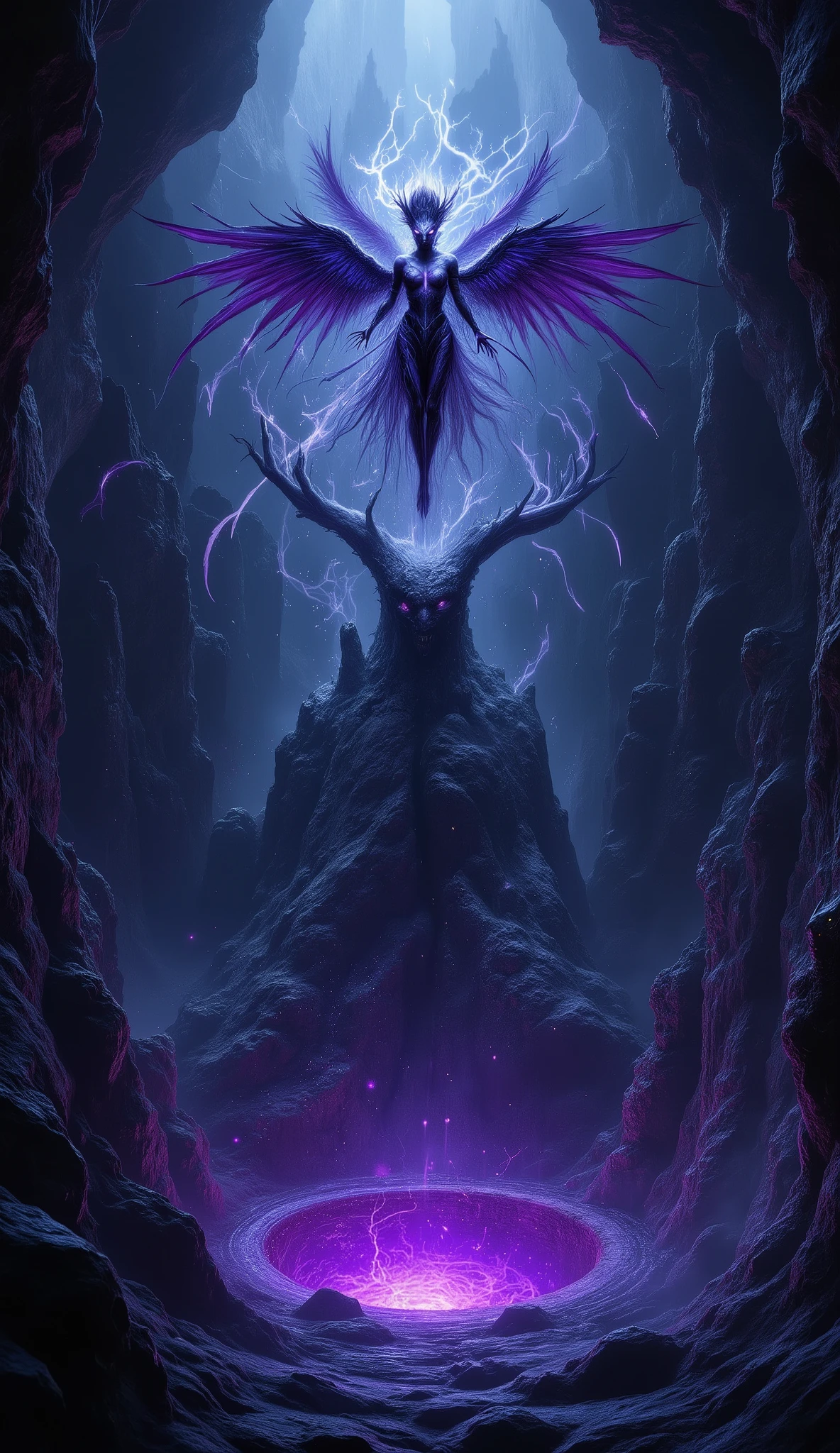 In a vast, dimly lit underworld cavern, a half-demon enchantress with dark purple skin and long, flowing white hair hovers above a glowing pit. Her wings are spread wide, casting shadows on the rocky walls, and her glowing eyes are fixed on the swirling energies below. Clad in dark, form-fitting armor that highlights her curves, she exudes an aura of forbidden power and allure.