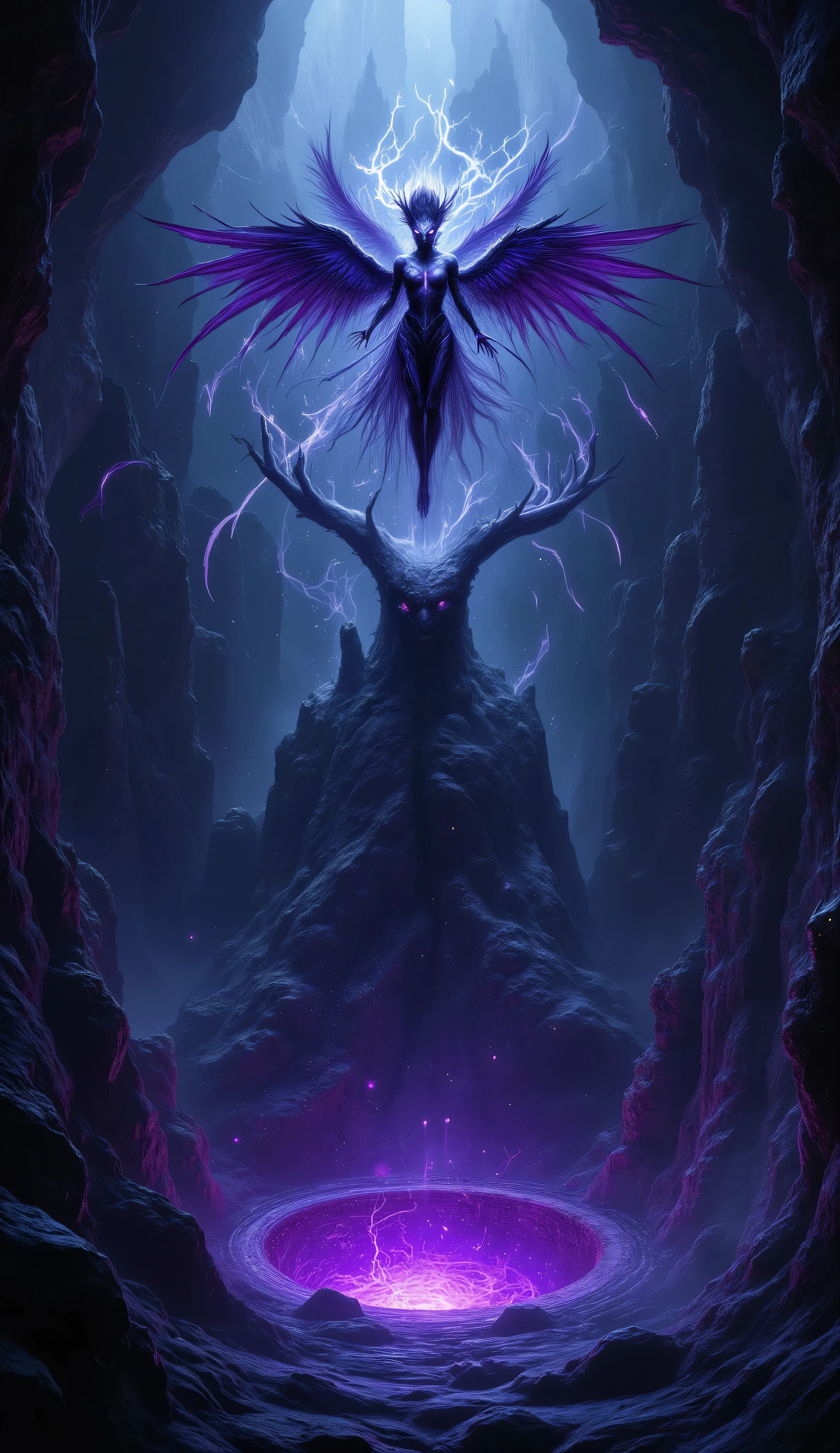 In a vast, dimly lit underworld cavern, a half-demon enchantress with dark purple skin and long, flowing white hair hovers above a glowing pit. Her wings are spread wide, casting shadows on the rocky walls, and her glowing eyes are fixed on the swirling energies below. Clad in dark, form-fitting armor that highlights her curves, she exudes an aura of forbidden power and allure.