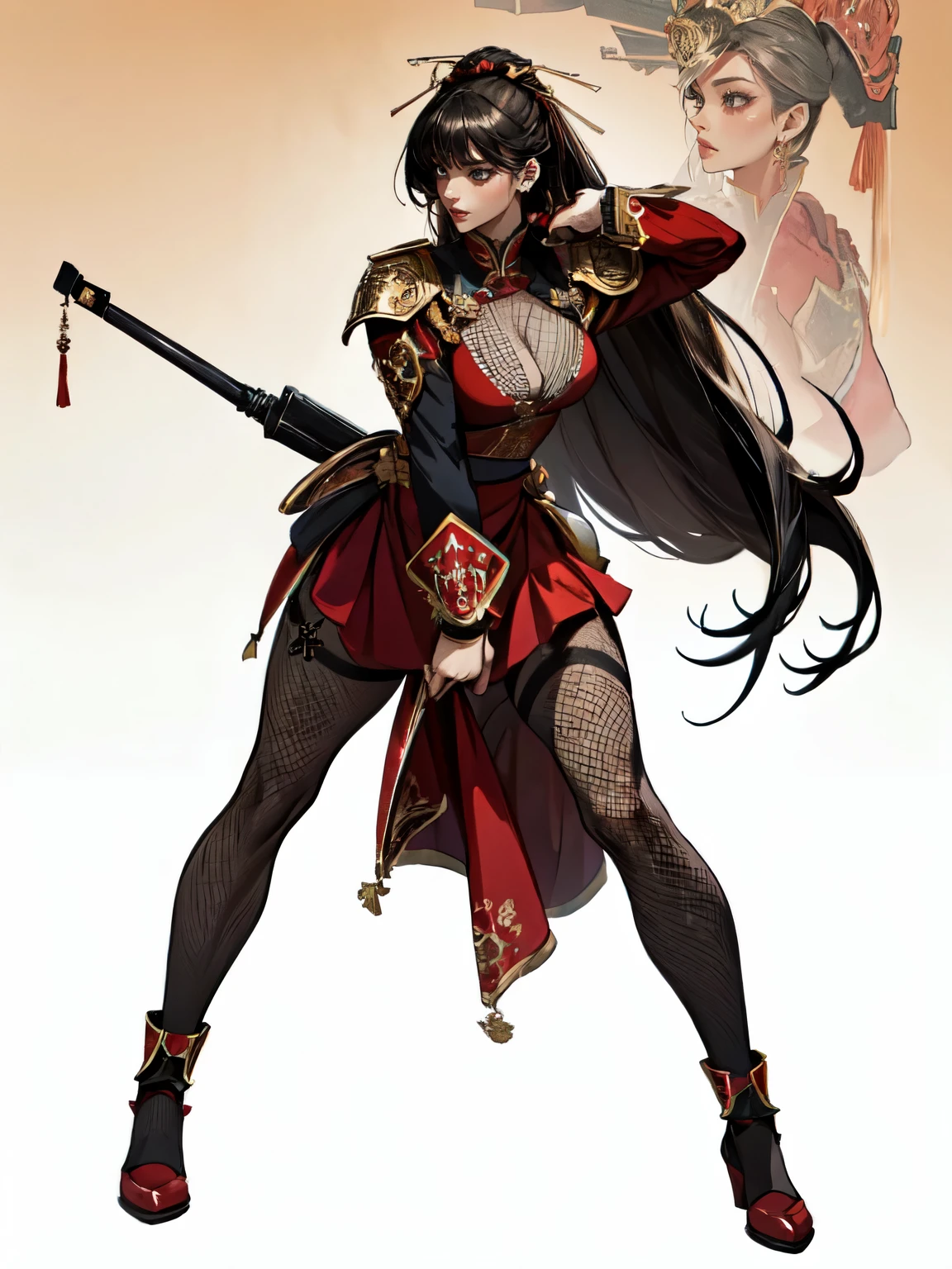 attractive woman, a woman from the Three Kingdoms period, dark hair, Big breasts, An exposed woman, Solo, creates an image from the top of her head to her thighs, (woman holding a weapon), Three Kingdoms costume , ((no background)), ((black eyes)), (((Harmonious hands))), (((full body))), (((Solo))), ((fishnet stockings)), A woman with a weapon on her shoulder, (((red costume)))