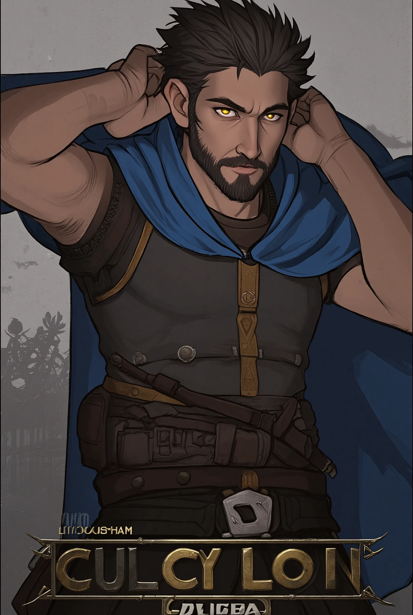 Appearance

A tall, dark-haired man with broad shoulders, but a bit thicker over time. His short, spiked hair is often messy. He has a square face, a slightly hooked nose, and a stubbled beard that's not always shaved. Golden-brown eyes sparkle with amusement. His armor and swan-blue cape are functional but not impeccable: he tends to neglect maintenance. His relaxed gait and hands often behind his head give him a relaxed air even in serious situations. Guilty gear style, fire emblem 