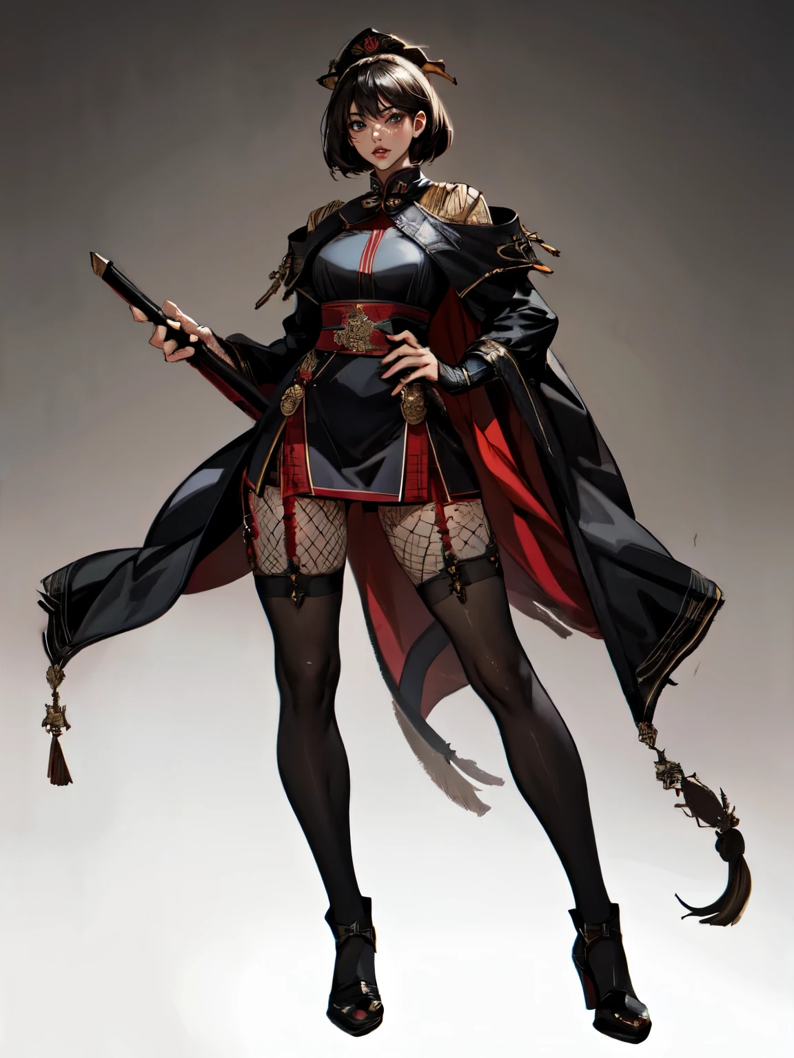 attractive woman, a woman from the Three Kingdoms period, dark hair, Big breasts, An exposed woman, Solo, creates an image from the top of her head to her thighs, (woman holding a weapon), Three Kingdoms costume , ((no background)), ((black eyes)), (((Harmonious hands))), (((full body))), (((Solo))), ((fishnet stockings)), A woman with a weapon on her shoulder, (((black costume)))