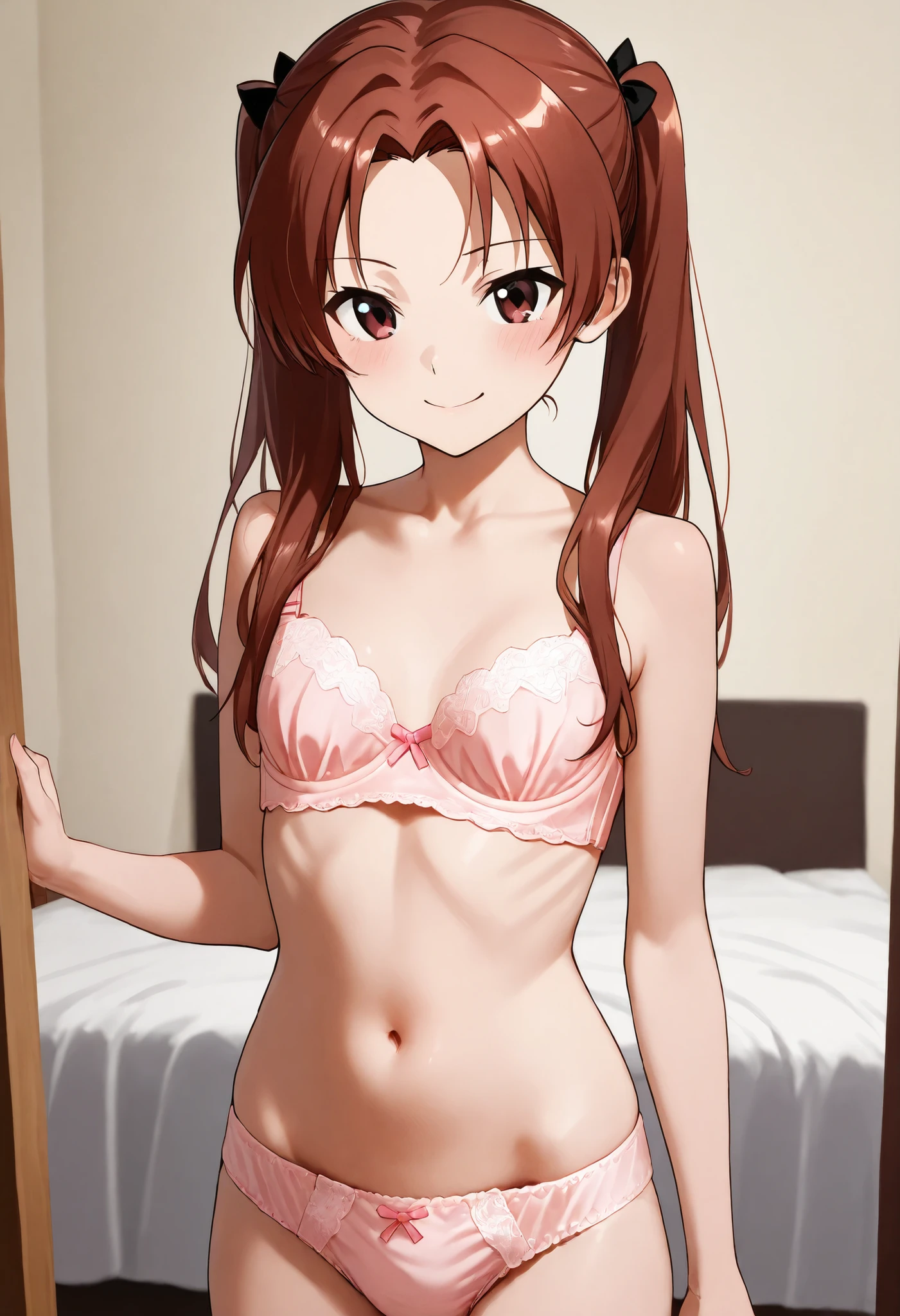 masterpiece, Highest Quality,Indoor、Bed 、kadotani anzu,1girl,solo, Standing、Smile Yan、closed mouth、cowboy shot,year zero、Shy、(stomach、stomach、naked、naked、stomachに手を突っ込む、stomachに手を突っ込む),(Cute Panties:1.3)、pink bra、pink underwear