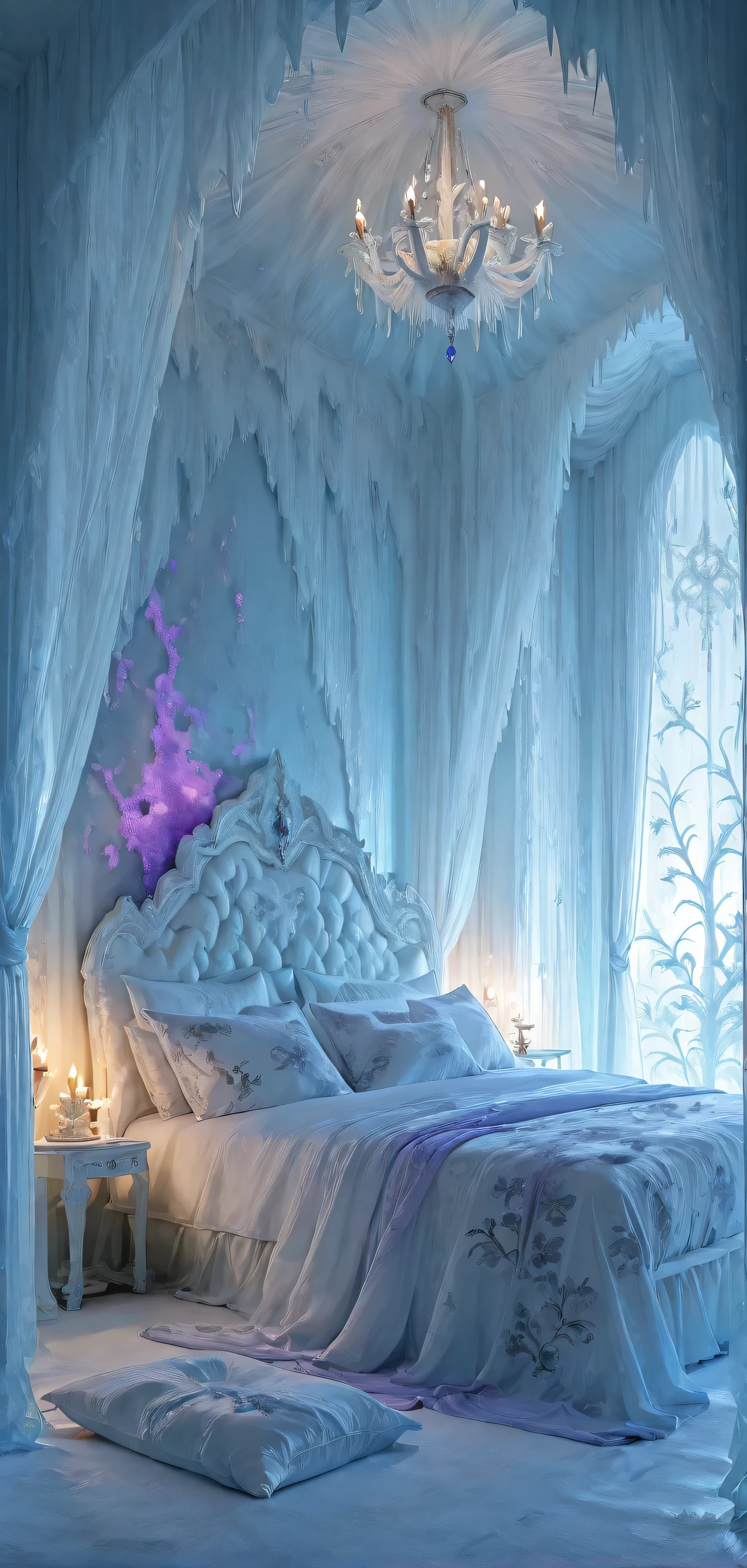 masterpiece,best quality,ultra high res,photorealistic,8K UHD,hyper-detailed, newest, ice palace b3dr00m, big pillows, dark room, beautiful and aesthetic,deep shadow, fantasy theme, divine, royal bedroom, indoors, luxurious, canopy bed, full of curtains, jewelry, candlelight, Tyrian Irisation: When Imperial Purple Dissolves into Celestial Arcs,floral print, gem, scattered pillows