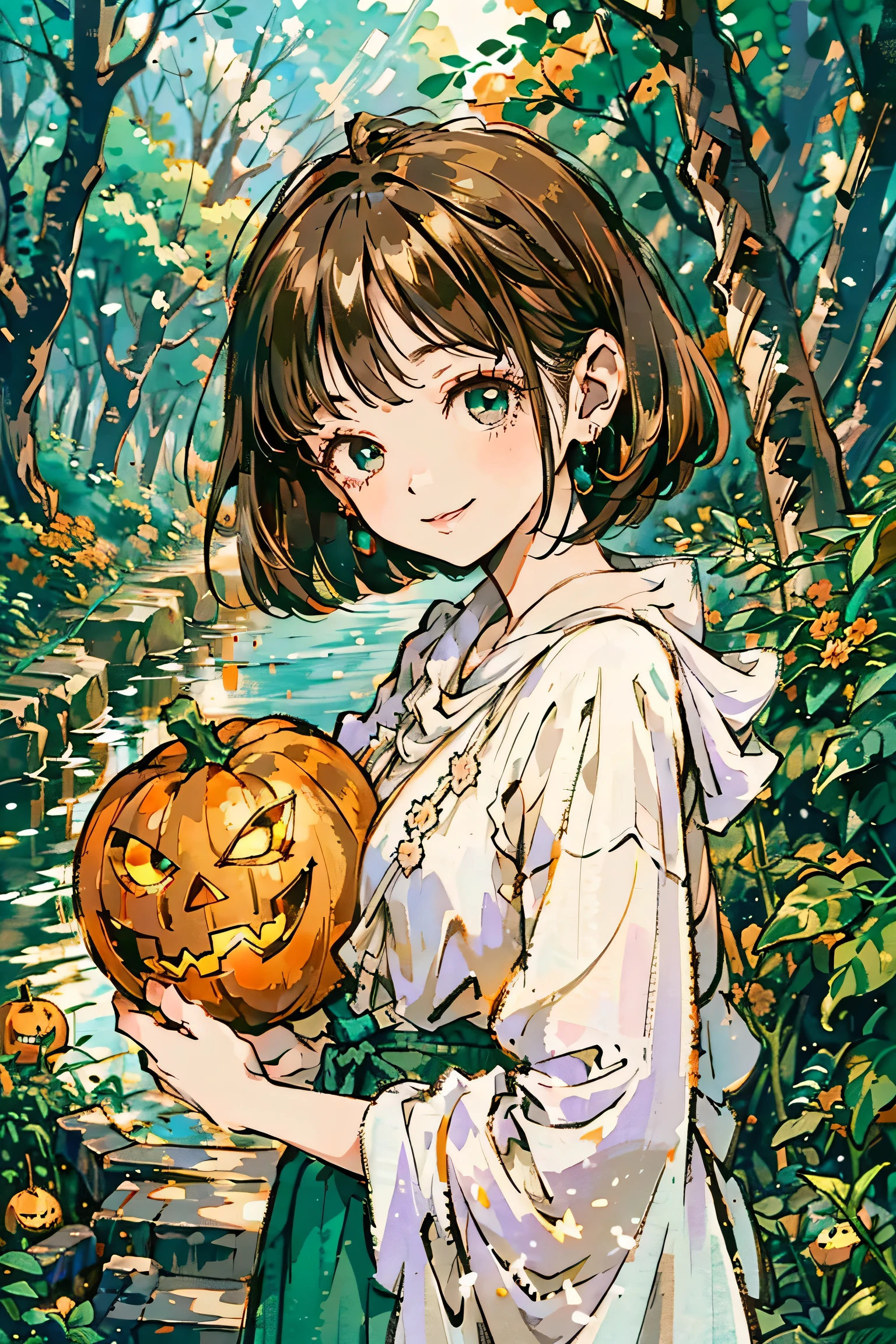 Morning Forest,upper body, Preparing for Halloween,Gentle smile, beautiful woman's cool eyes, laughing at finding a jack-o-lantern, brown hair, Emerald green gentle breeze, The warm light of the sun rising on the paved riverbank , bob cut, hyperrealism, light blue fluffy dress,high resolution, high image quality