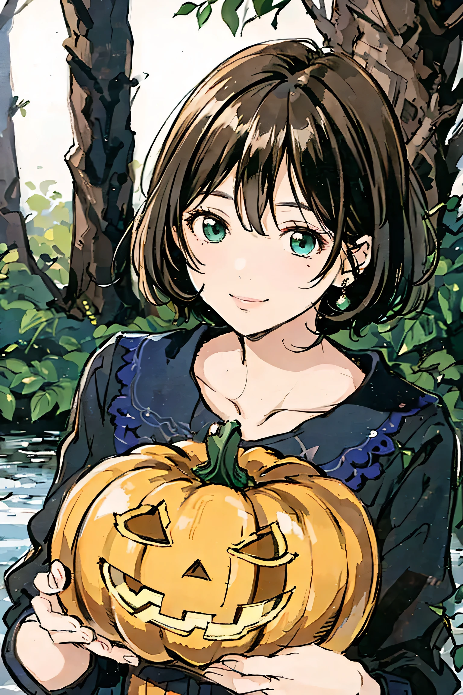 Morning Forest,upper body, Preparing for Halloween,Gentle smile, beautiful woman's cool eyes, laughing at finding a jack-o-lantern, brown hair, Emerald green gentle breeze, The warm light of the sun rising on the paved riverbank , bob cut, hyperrealism, light blue fluffy dress,high resolution, high image quality