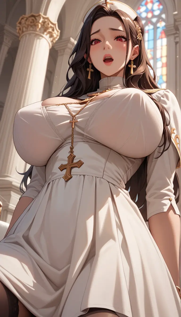 Big Tits　Black Sister Outfit　Valley view　tall　No underwear　No bra　Long Hair　Brown Hair　A gold rosary around his neck　Face turns red　Prayer　church　Plump