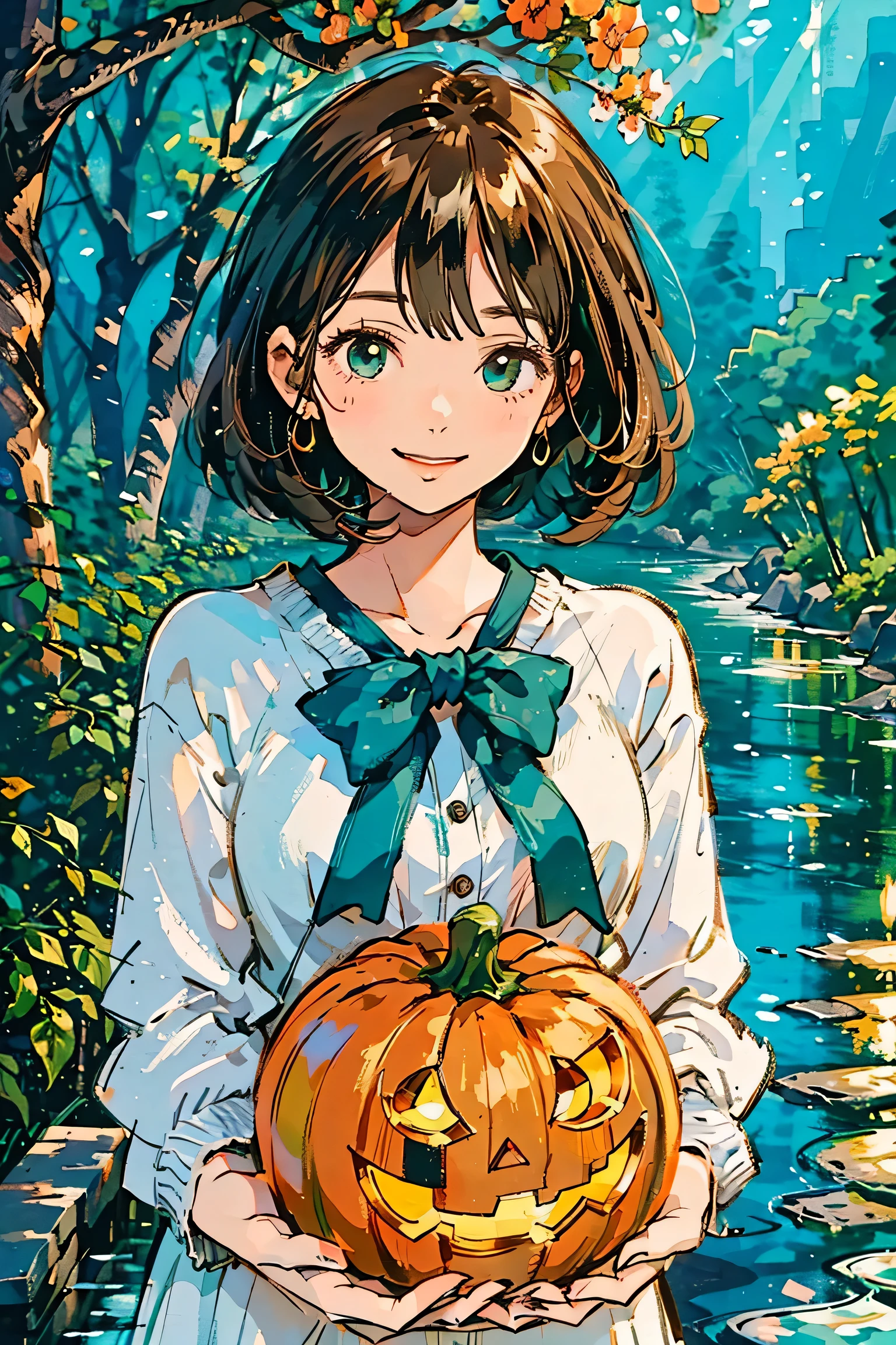 Morning Forest,upper body, Preparing for Halloween,Gentle smile, beautiful woman's cool eyes, laughing at finding a jack-o-lantern, brown hair, Emerald green gentle breeze, The warm light of the sun rising on the paved riverbank , bob cut, hyperrealism, light blue fluffy dress,high resolution, high image quality