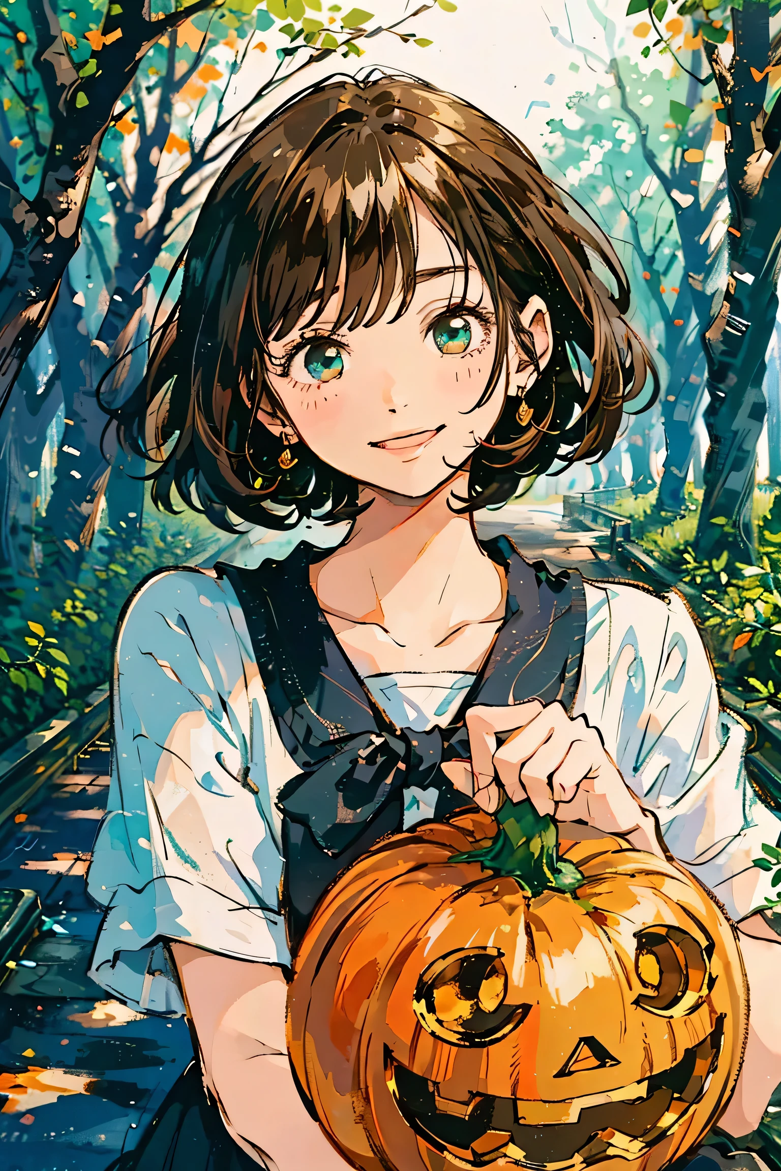 Morning Forest,upper body, Preparing for Halloween,Gentle smile, beautiful woman's cool eyes, laughing at finding a jack-o-lantern, brown hair, Emerald green gentle breeze, The warm light of the sun rising on the paved riverbank , bob cut, hyperrealism, light blue fluffy dress,high resolution, high image quality