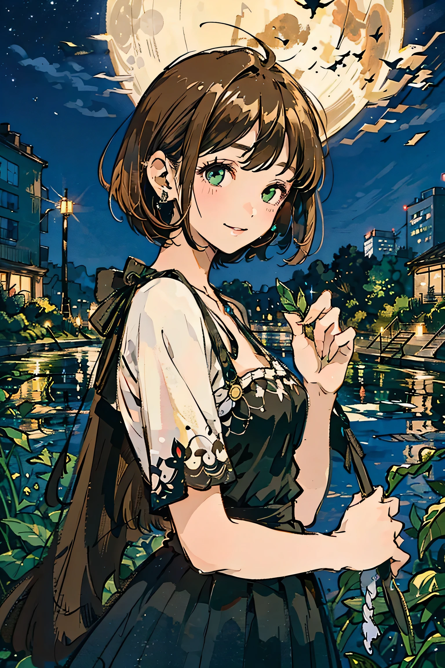 A full moon full of screens,Upper body angle, Attractive Expressions, beautiful woman's cool eyes, Smile Yan,Flickering brown hair 、 emerald green, Clear night sky , bob cut, hyperrealism, European black elegant dress,Play with black swallowtail