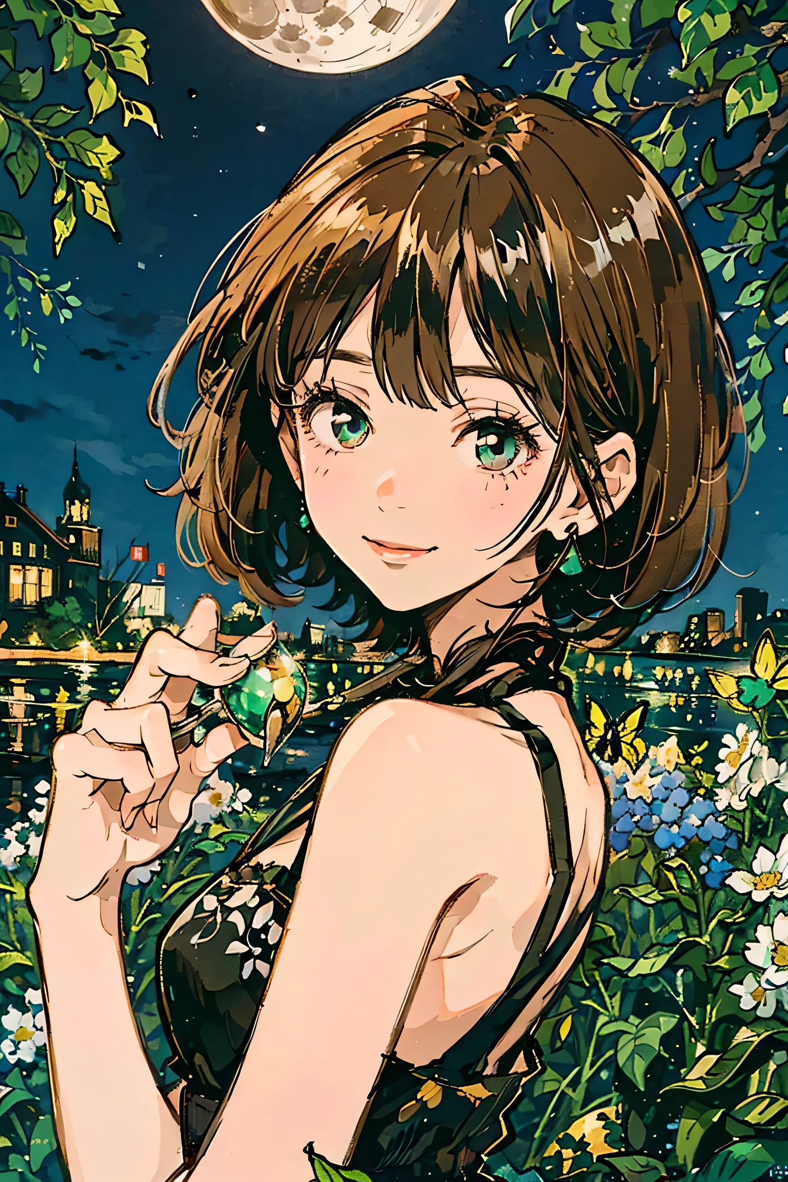 A full moon full of screens,Upper body angle, Attractive Expressions, beautiful woman's cool eyes, Smile Yan,Flickering brown hair 、 emerald green, Clear night sky , bob cut, hyperrealism, European black elegant dress,Play with black swallowtail