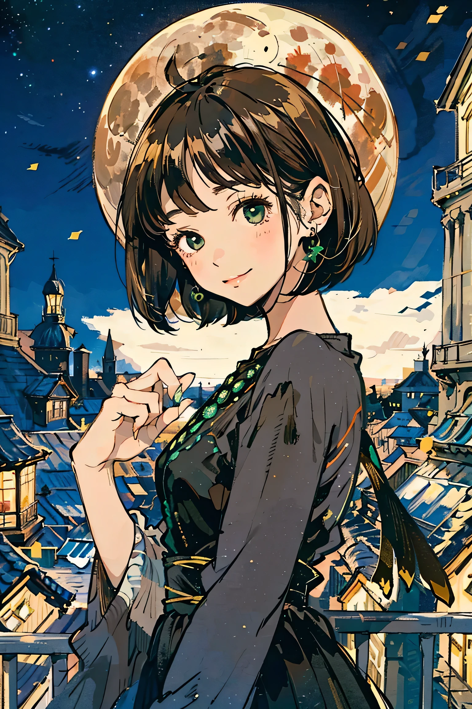 A full moon full of screens,Upper body angle, Attractive Expressions, beautiful woman's cool eyes, Smile Yan,Flickering brown hair 、 emerald green, Clear night sky , bob cut, hyperrealism, European black elegant dress,Play with black swallowtail