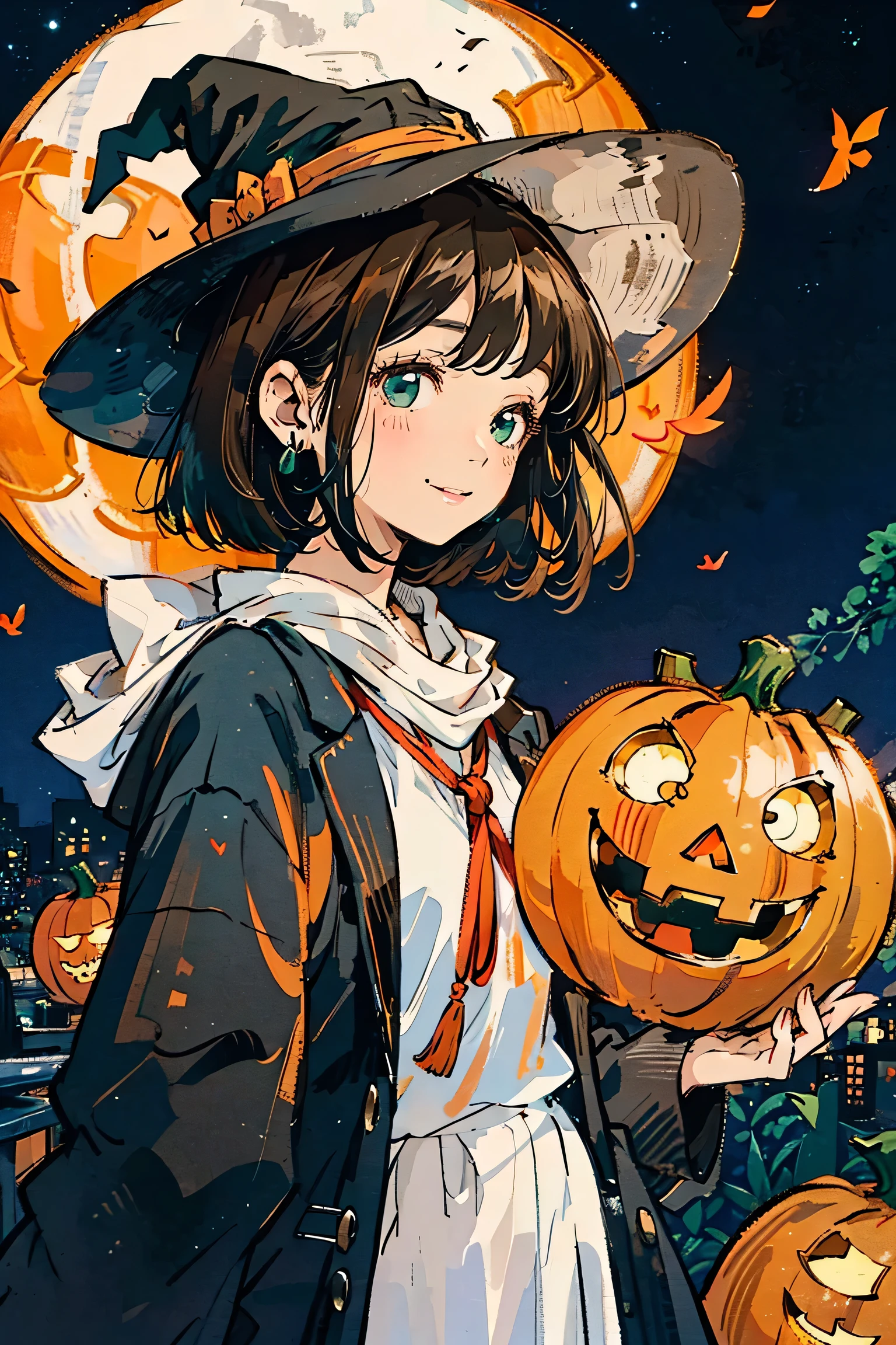 Full moon background,Upper body angle, Attractive Expressions, beautiful woman's cool eyes, Smile Yan, brown hair fluttering in the wind 、 emerald green, Clear night sky , bob cut,hyperrealism,wear a witch hat, I have a jack-o-lantern