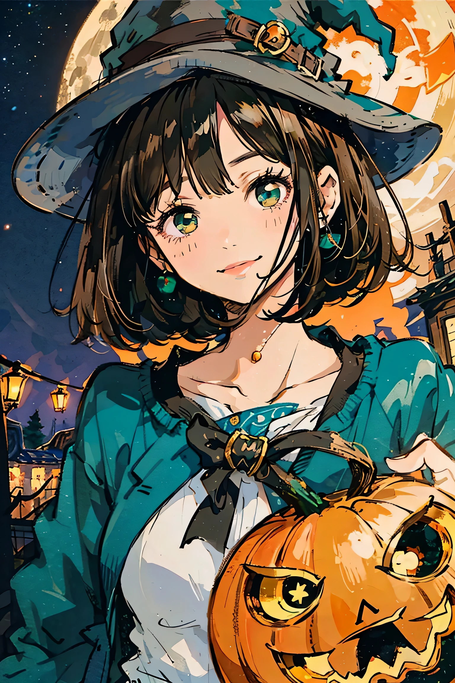 Full moon background,Upper body angle, Attractive Expressions, beautiful woman's cool eyes, Smile Yan, brown hair fluttering in the wind 、 emerald green, Clear night sky , bob cut,hyperrealism,wear a witch hat, I have a jack-o-lantern