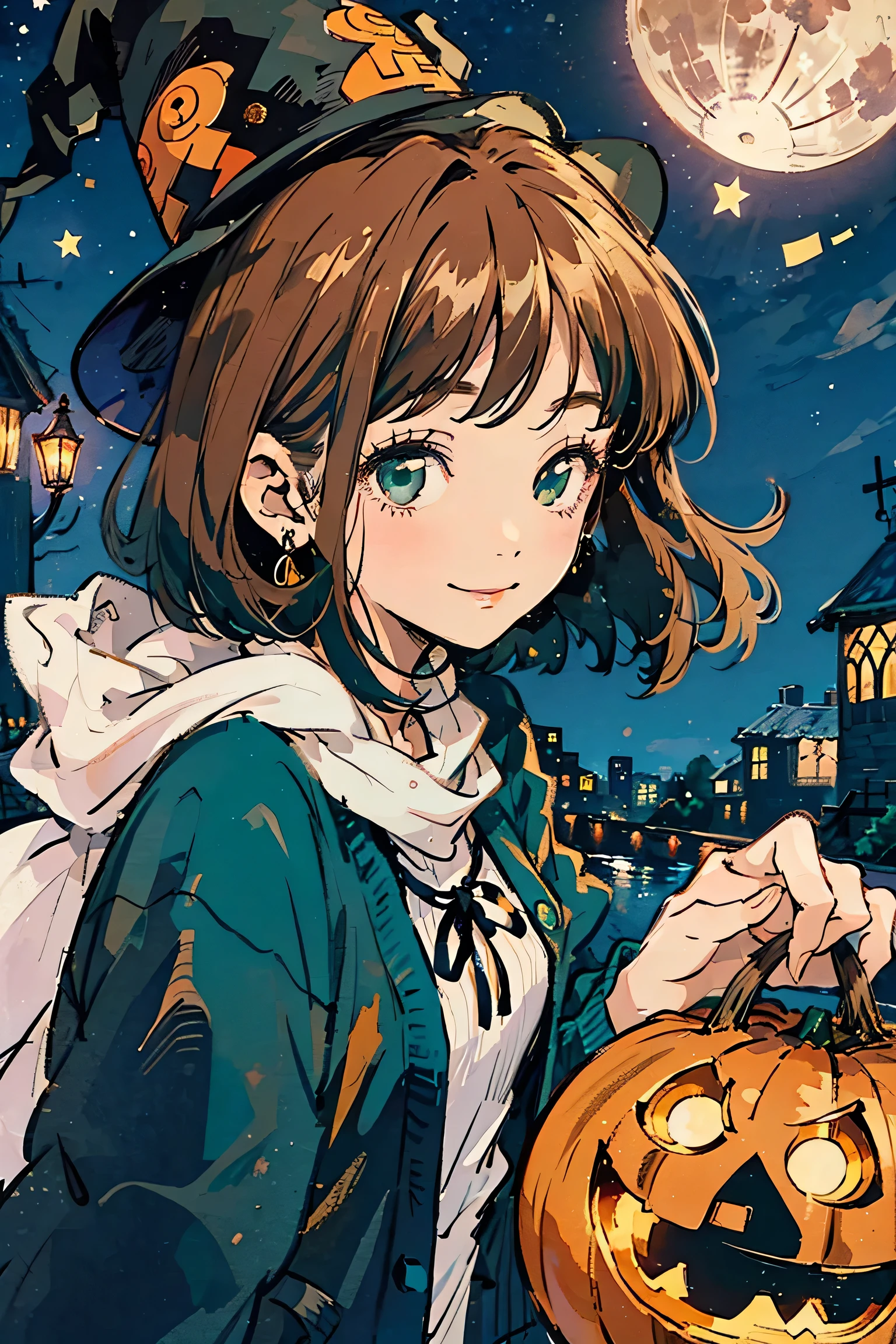 Full moon background,Upper body angle, Attractive Expressions, beautiful woman's cool eyes, Smile Yan, brown hair fluttering in the wind 、 emerald green, Clear night sky , bob cut,hyperrealism,wear a witch hat, I have a jack-o-lantern