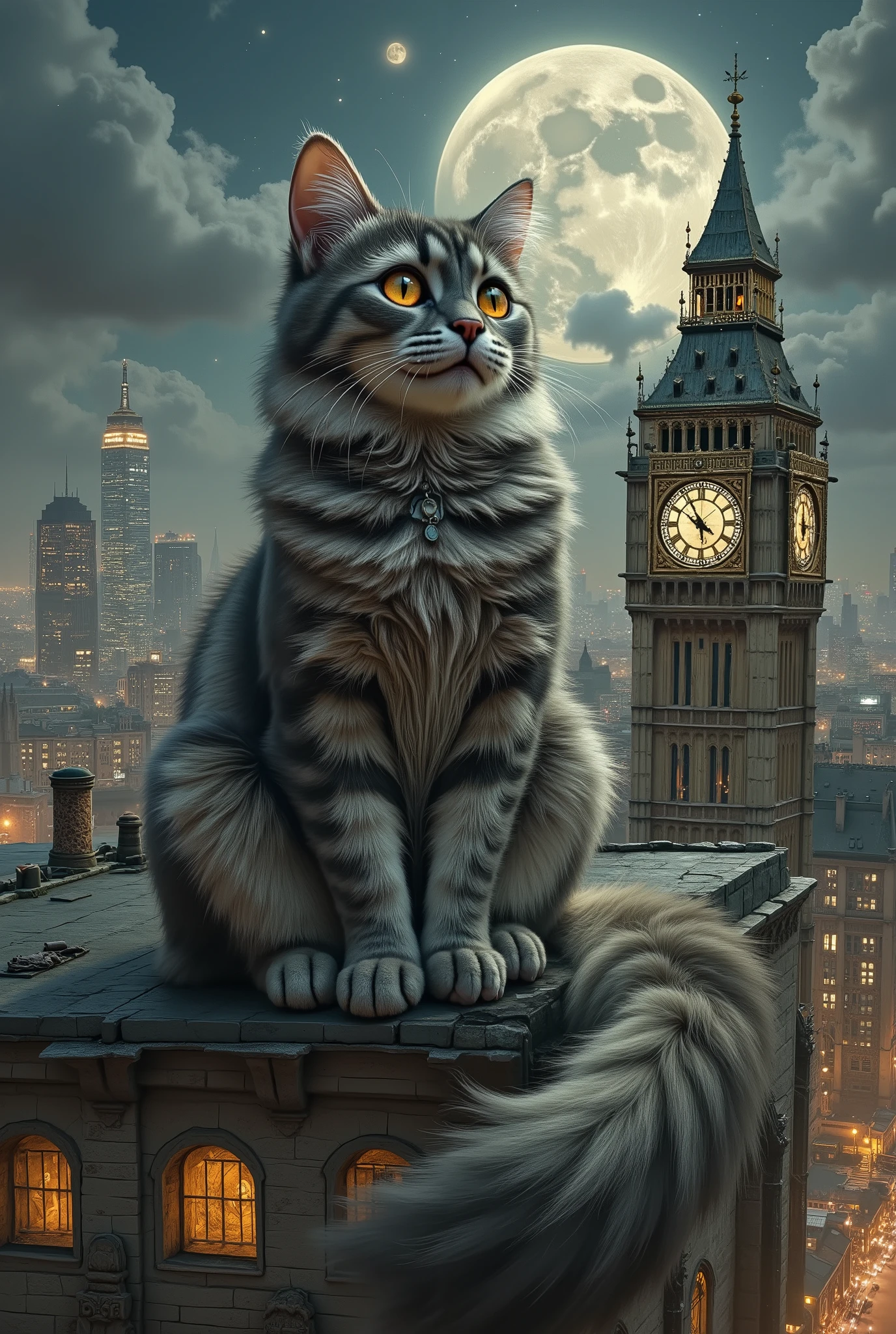 A huge fluffy grey tabby cat with a classic coat pattern sits on the roof of a tall building, its shape is a bizarre combination of organic matter and metallic elements. She majestically surveys the sprawling night city below under a huge full moon. A sly grin plays on the cat's face, revealing sharp fangs, and its eyes glow with a menacing fiery orange light. Her fluffy sides and back are decorated with intricate mechanical details hinting at advanced technology, and the fur fluttering in the wind creates the illusion of outstretched wings. The building on which she rests is an ancient stone structure, contrasting with the elegant modern skyscrapers of the metropolis, with warm lights burning in the windows. Nearby there is a lighted chapel with large clock faces — Big Ben. The night sky is illuminated by a huge full moon and a second smaller celestial body, which enhances the dramatic and fantastic atmosphere. The color palette is designed in cool blue and gray-green tones, creating a Gothic mood that is diluted with warm orange and yellow reflections of city lights. The scene is shown from a height, the composition creates a sense of power and mystery, and the city is bathed in a mystical, cinematic light combining elements of steampunk and fantasy