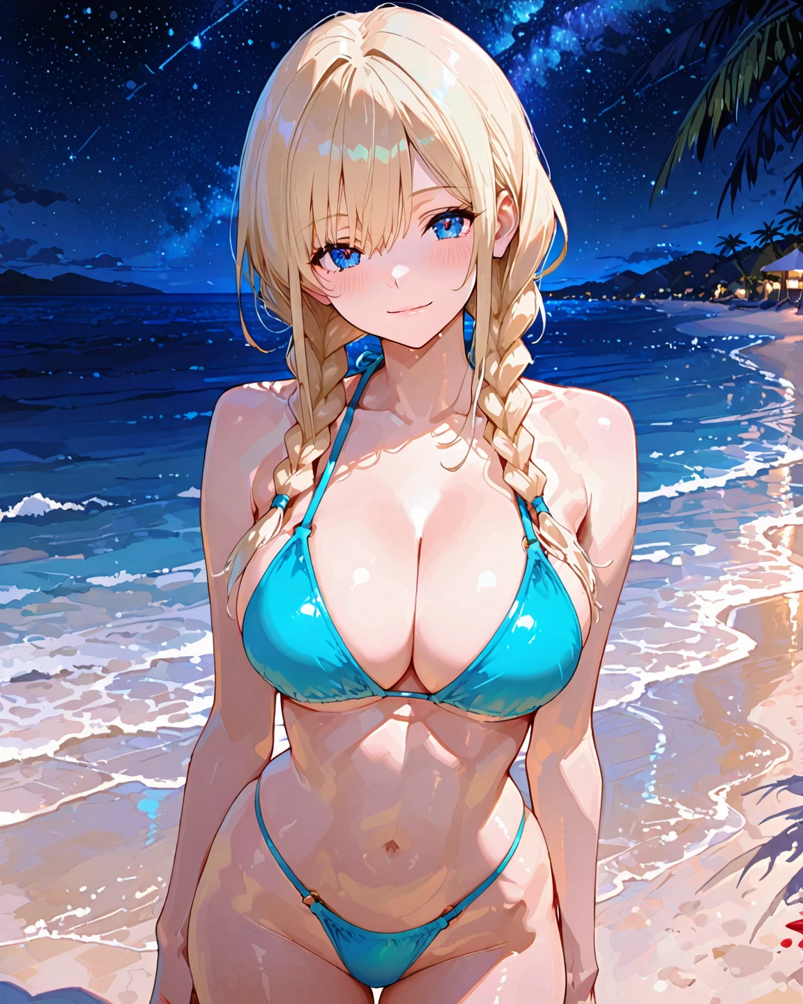 1girl, huge breasts, skinny, slender,dark skin, 
long blonde hair, twintails, blue eyes, 
blue glitter string bikini, sarong, 
beach, hand in own hair, smile, looking at viewer, 
 <lora:Navel_Piercing_IL:0.7> navel piercing, Smooth Quality,
