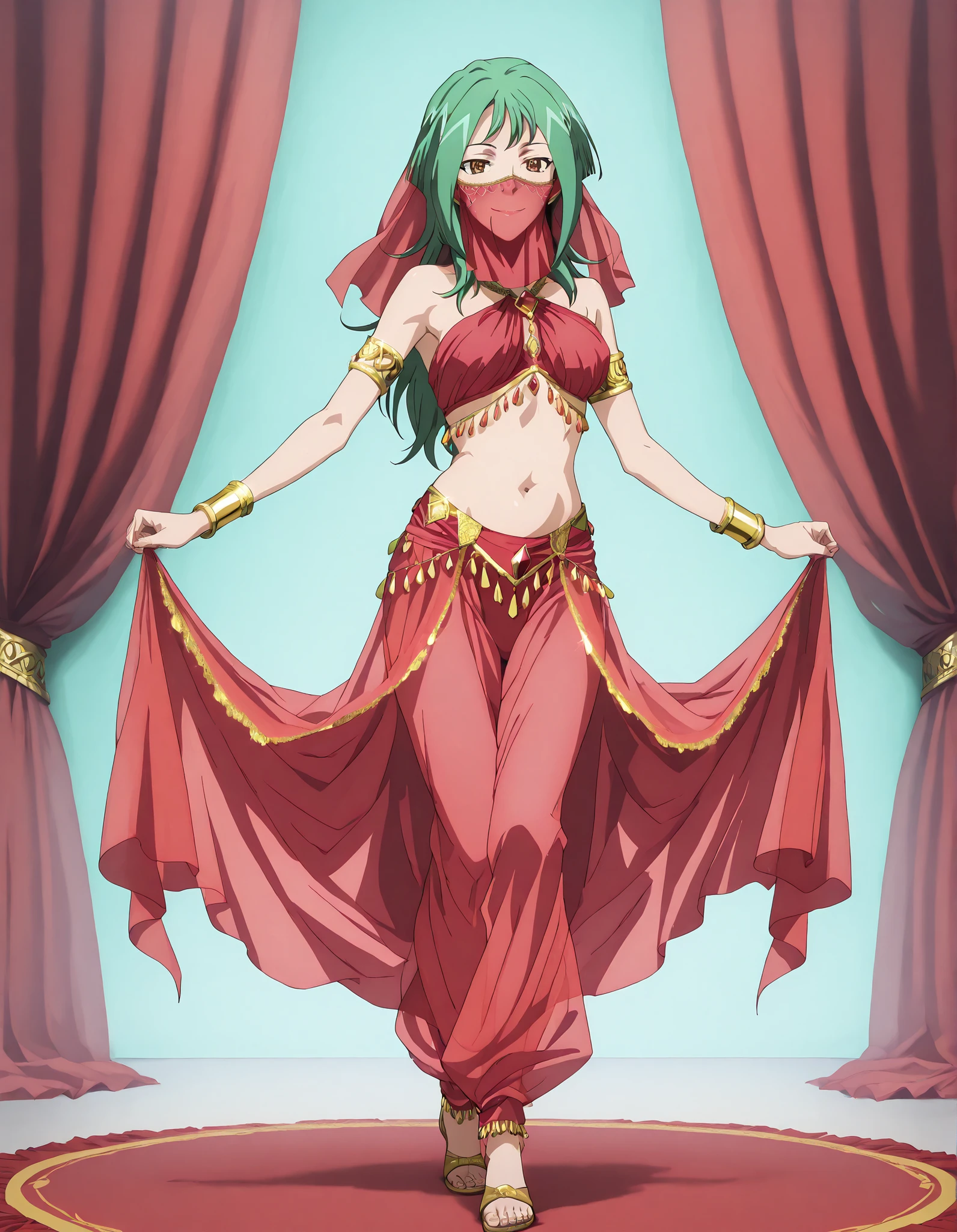 (1girl:1 . 5) , (Seul:1 . 5) , score_9 , score_8_haut , score_7_haut , source_anime , Official work , ultra-detailed , masterpiece , better quality , high resolution , beaux yeux , detailed eyes , Detailed face , beautiful detailed eyes,long hair, green hair, brown eyes,Cardfight!! Vanguard,Tokoha Anjou,Arabian Clothes , Arabian Dancer ,belly dancer costume,belly dancer outfit ,full body,golden jewelery,mouth veil,armlet, belly dancing,arabian theater,seductive smile, dancing with veil, dynamic movement,dance posture, seductive pose