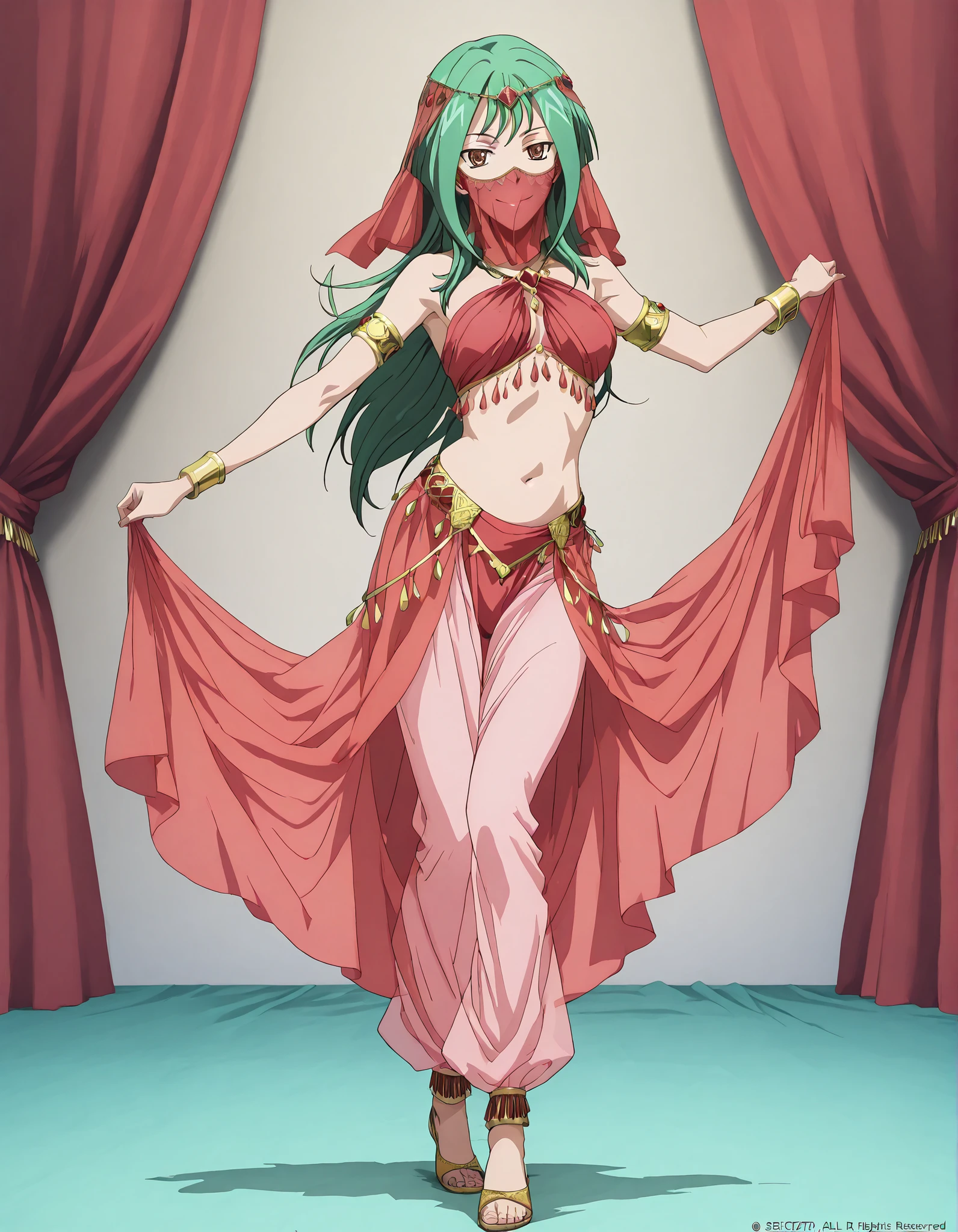 (1girl:1 . 5) , (Seul:1 . 5) , score_9 , score_8_haut , score_7_haut , source_anime , Official work , ultra-detailed , masterpiece , better quality , high resolution , beaux yeux , detailed eyes , Detailed face , beautiful detailed eyes,long hair, green hair, brown eyes,Cardfight!! Vanguard,Tokoha Anjou,Arabian Clothes , Arabian Dancer ,belly dancer costume,belly dancer outfit ,full body,golden jewelery,mouth veil,armlet, belly dancing,arabian theater,seductive smile, dancing with veil, dynamic movement,dance posture, seductive pose