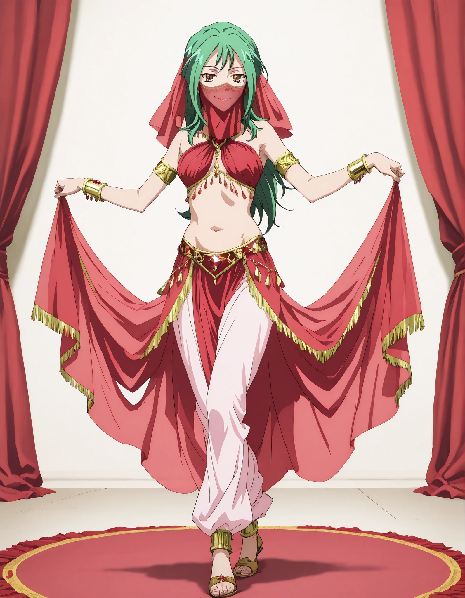 (1girl:1 . 5) , (Seul:1 . 5) , score_9 , score_8_haut , score_7_haut , source_anime , Official work , ultra-detailed , masterpiece , better quality , high resolution , beaux yeux , detailed eyes , Detailed face , beautiful detailed eyes,long hair, green hair, brown eyes,Cardfight!! Vanguard,Tokoha Anjou,Arabian Clothes , Arabian Dancer ,belly dancer costume,belly dancer outfit ,full body,golden jewelery,mouth veil,armlet, belly dancing,arabian theater,seductive smile, dancing with veil, dynamic movement,dance posture, seductive pose