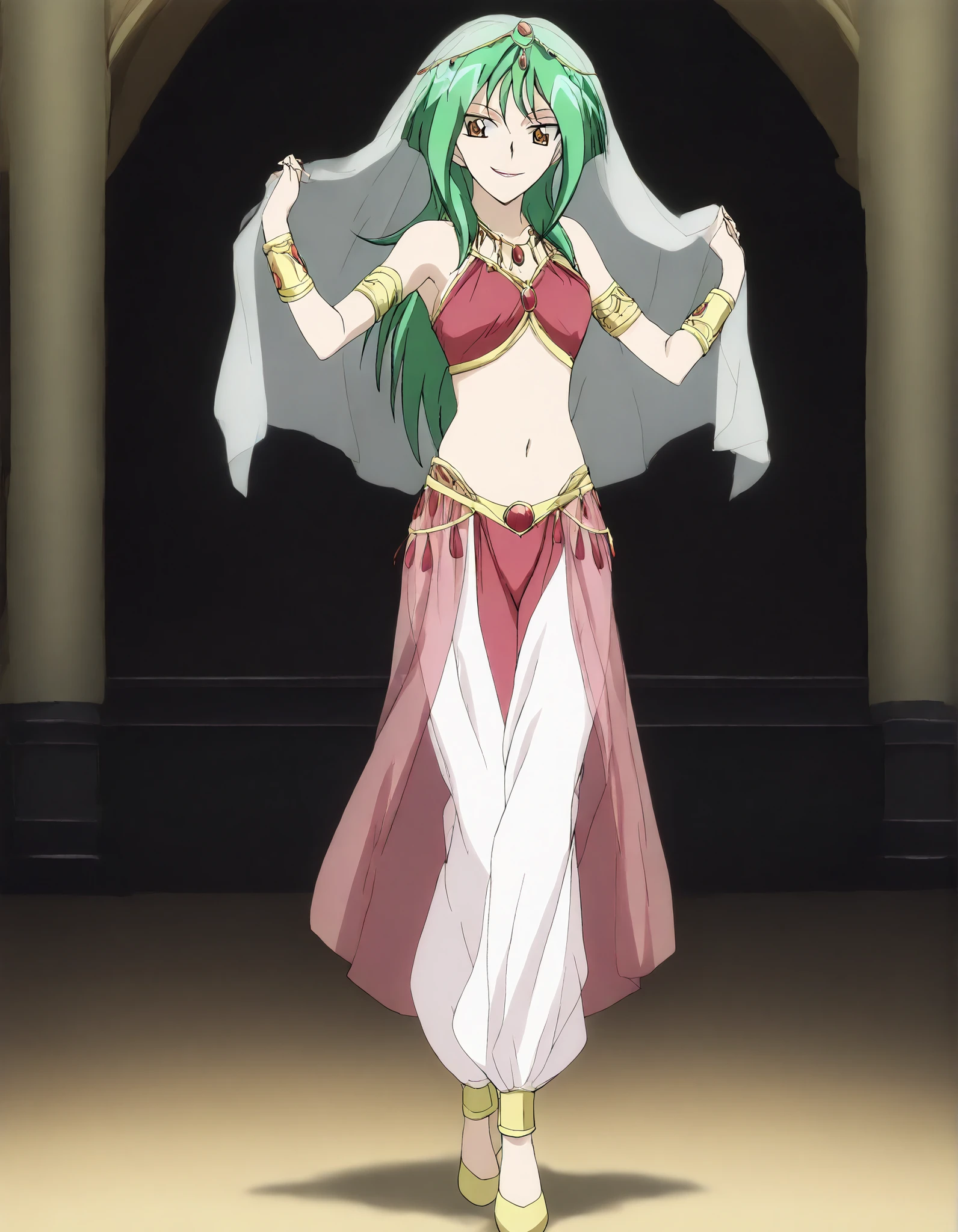 (1girl:1 . 5) , (Seul:1 . 5) , score_9 , score_8_haut , score_7_haut , source_anime , Official work  , ultra-detailed , masterpiece , better quality , high resolution , beaux yeux , detailed eyes , Detailed face , beautiful detailed eyes,long hair, green hair, brown eyes,Cardfight!! Vanguard,Tokoha Anjou,Arabian Clothes , Arabian Dancer ,belly dancer costume,belly dancer outfit ,full body,golden jewelery,armlet, belly dancing,arabian theater,seductive smile, dancing with veil, dynamic movement,dance posture, seductive pose