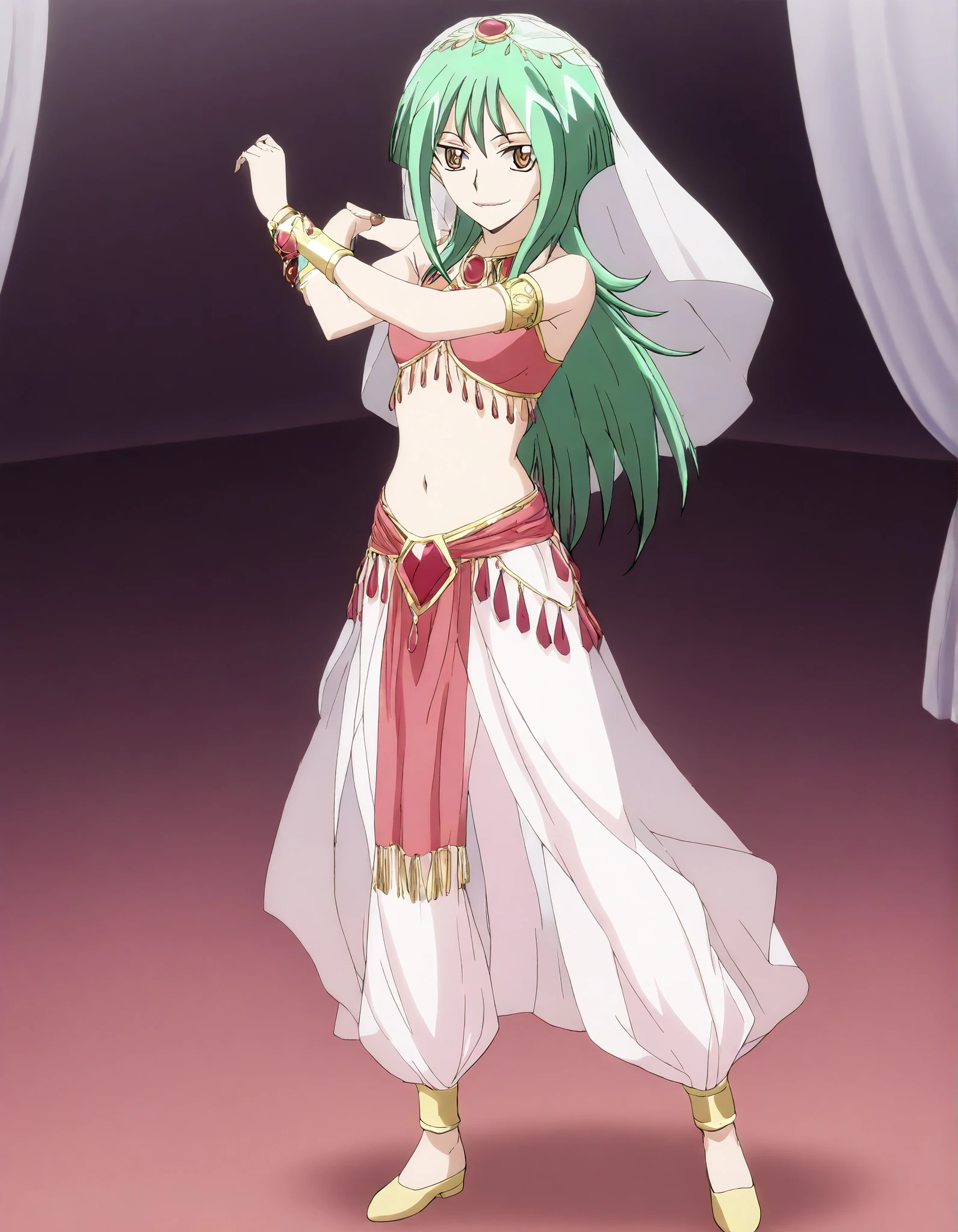 (1girl:1 . 5) , (Seul:1 . 5) , score_9 , score_8_haut , score_7_haut , source_anime , Official work  , ultra-detailed , masterpiece , better quality , high resolution , beaux yeux , detailed eyes , Detailed face , beautiful detailed eyes,long hair, green hair, brown eyes,Cardfight!! Vanguard,Tokoha Anjou,Arabian Clothes , Arabian Dancer ,belly dancer costume,belly dancer outfit ,full body,golden jewelery,armlet, belly dancing,arabian theater,seductive smile, dancing with veil, dynamic movement,dance posture, seductive pose