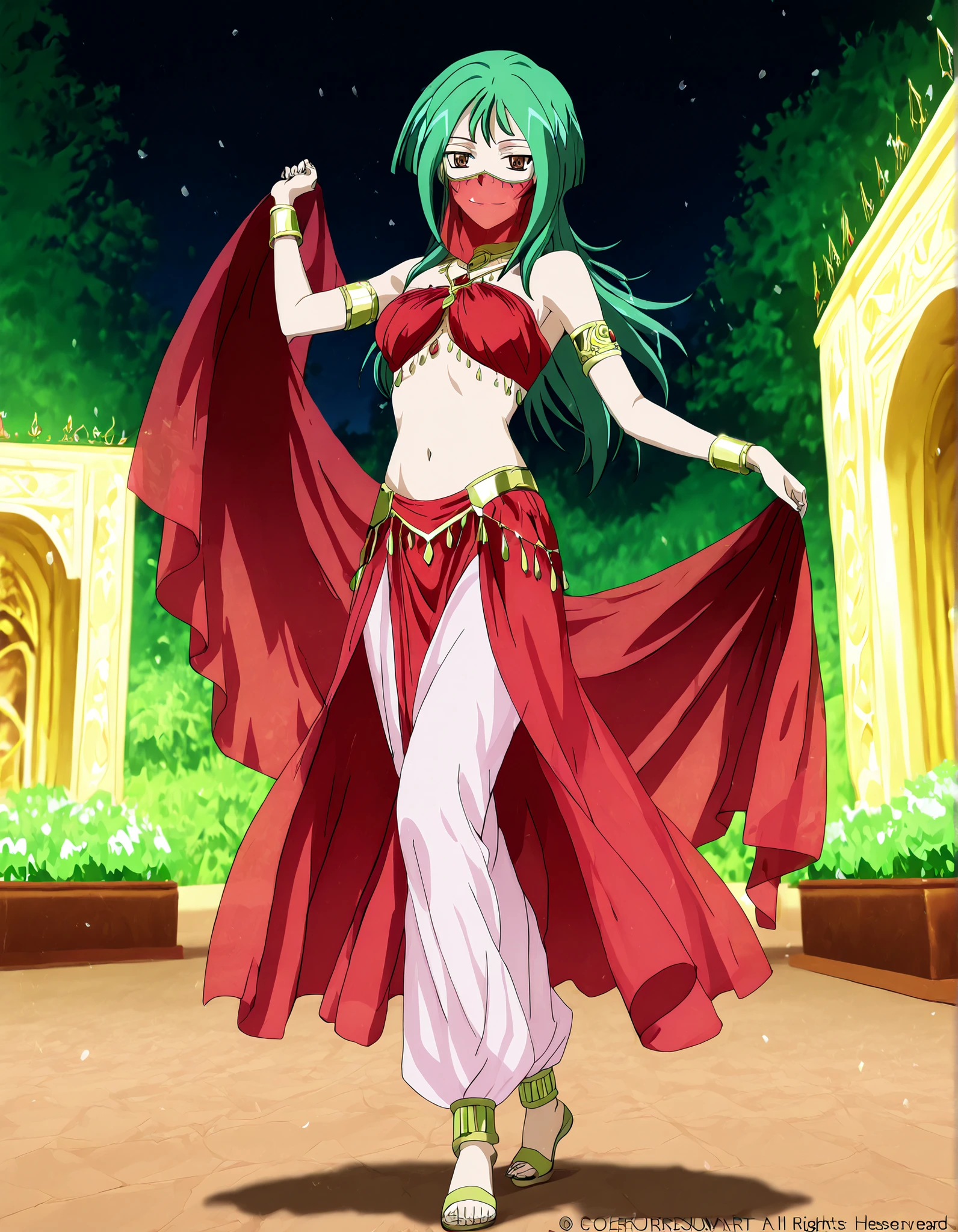 (1girl:1 . 5) , (Seul:1 . 5) , score_9 , score_8_haut , score_7_haut , source_anime , Official work  , ultra-detailed , masterpiece , better quality , high resolution , beaux yeux , detailed eyes , Detailed face , beautiful detailed eyes,long hair, green hair, brown eyes,Cardfight!! Vanguard,Tokoha Anjou,Arabian Clothes , Arabian Dancer ,belly dancer costume,belly dancer outfit ,full body,golden jewelery,mouth veil,armlet, belly dancing,night,arabian garden,seductive smile, dancing with veil, dynamic movement,dance posture, seductive pose