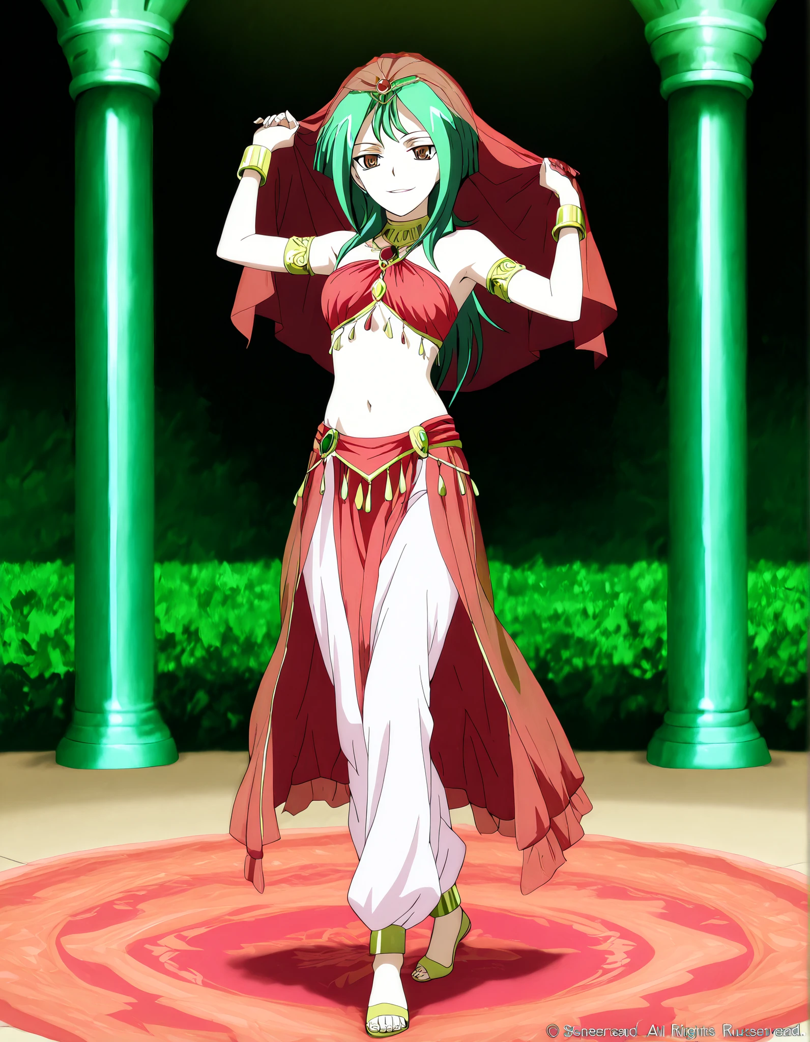 (1girl:1 . 5) , (Seul:1 . 5) , score_9 , score_8_haut , score_7_haut , source_anime , Official work , ultra-detailed , masterpiece , better quality , high resolution , beaux yeux , detailed eyes , Detailed face , beautiful detailed eyes,long hair, green hair, brown eyes,Cardfight!! Vanguard,Tokoha Anjou,Arabian Clothes , Arabian Dancer ,belly dancer costume,belly dancer outfit ,full body,golden jewelery,armlet, belly dancing,arabian garden,seductive smile, dancing with veil, dynamic movement,dance posture, seductive pose