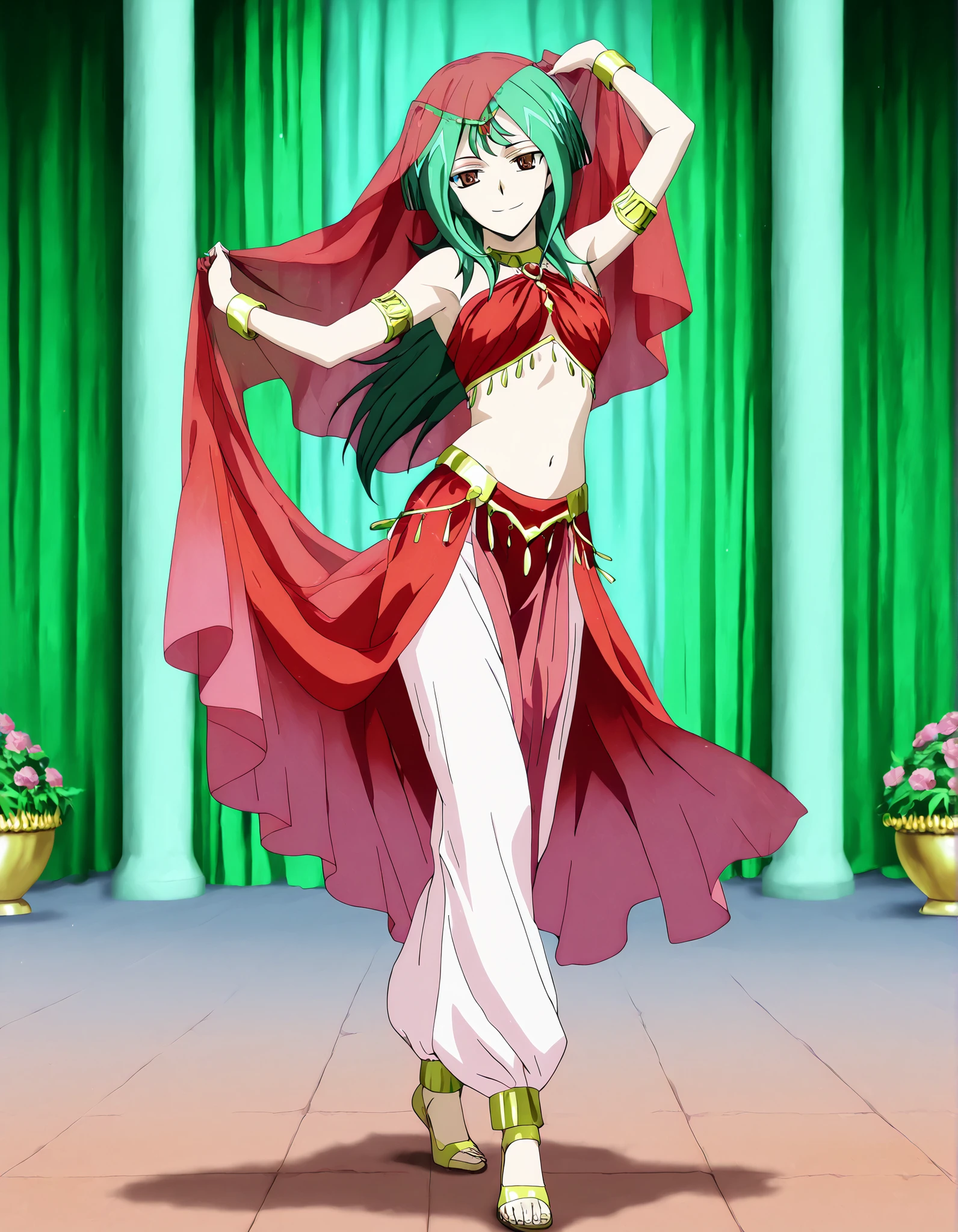 (1girl:1 . 5) , (Seul:1 . 5) , score_9 , score_8_haut , score_7_haut , source_anime , Official work , ultra-detailed , masterpiece , better quality , high resolution , beaux yeux , detailed eyes , Detailed face , beautiful detailed eyes,long hair, green hair, brown eyes,Cardfight!! Vanguard,Tokoha Anjou,Arabian Clothes , Arabian Dancer ,belly dancer costume,belly dancer outfit ,full body,golden jewelery,armlet, belly dancing,arabian garden,seductive smile, dancing with veil, dynamic movement,dance posture, seductive pose
