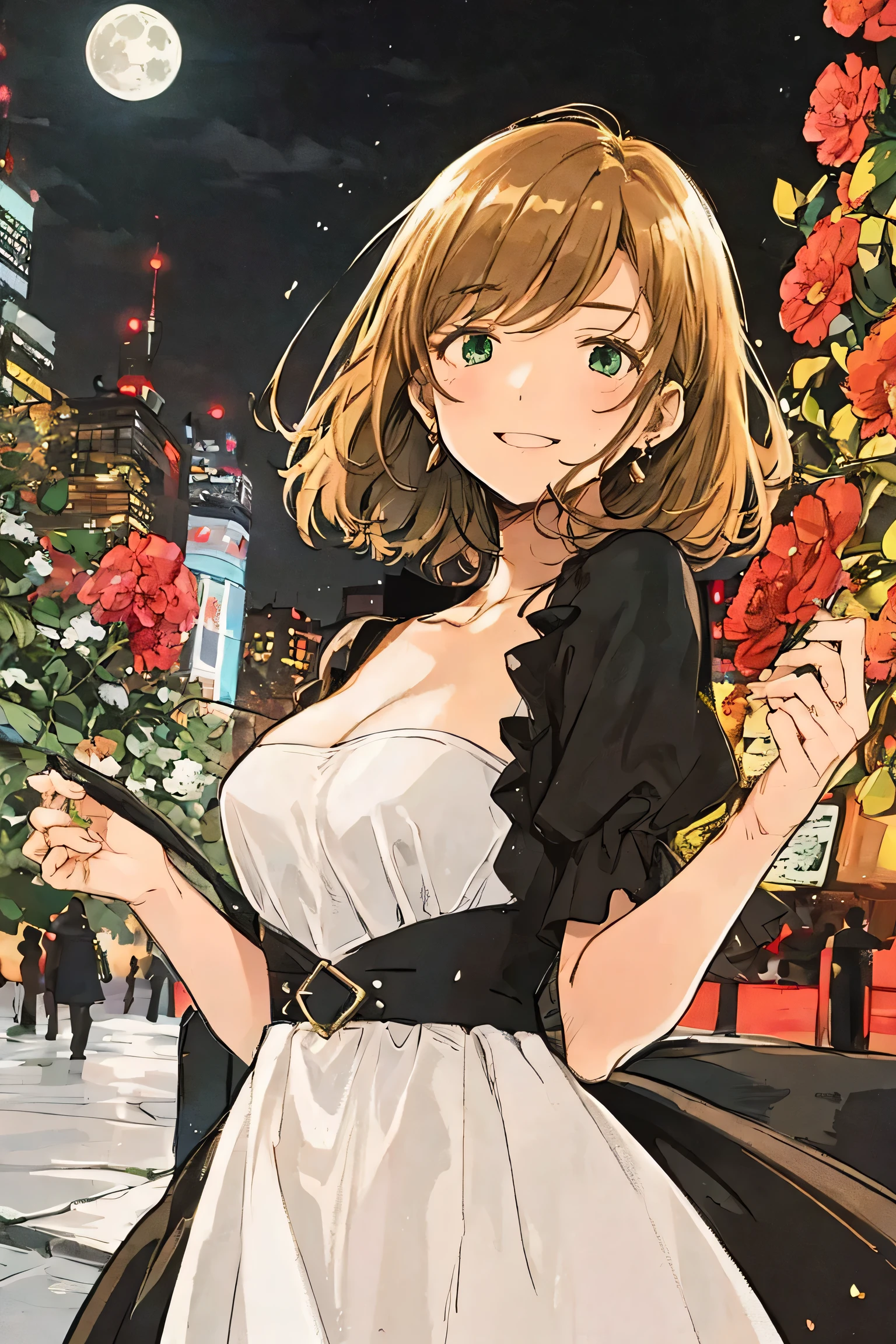 A full moon full of screens,Upper body angle, Attractive Expressions, beautiful woman's cool eyes, Smile Yan,Flickering brown hair 、 emerald green, Clear night sky , bob cut, hyperrealism, European black elegant dress,Play with black swallowtail