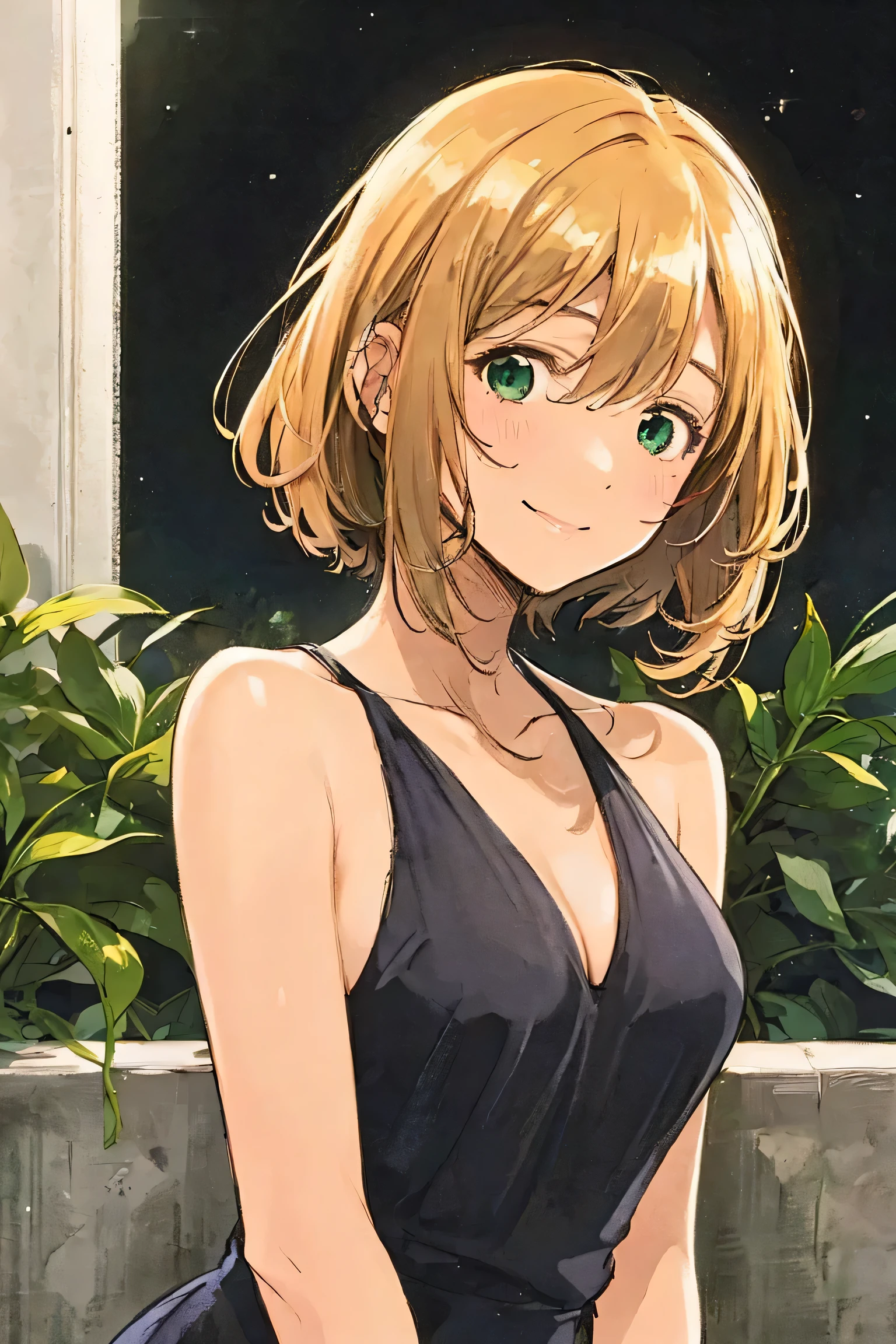 A full moon full of screens,Upper body angle, Attractive Expressions, beautiful woman's cool eyes, Smile Yan,Flickering brown hair 、 emerald green, Clear night sky , bob cut, hyperrealism, European black elegant dress,Play with black swallowtail