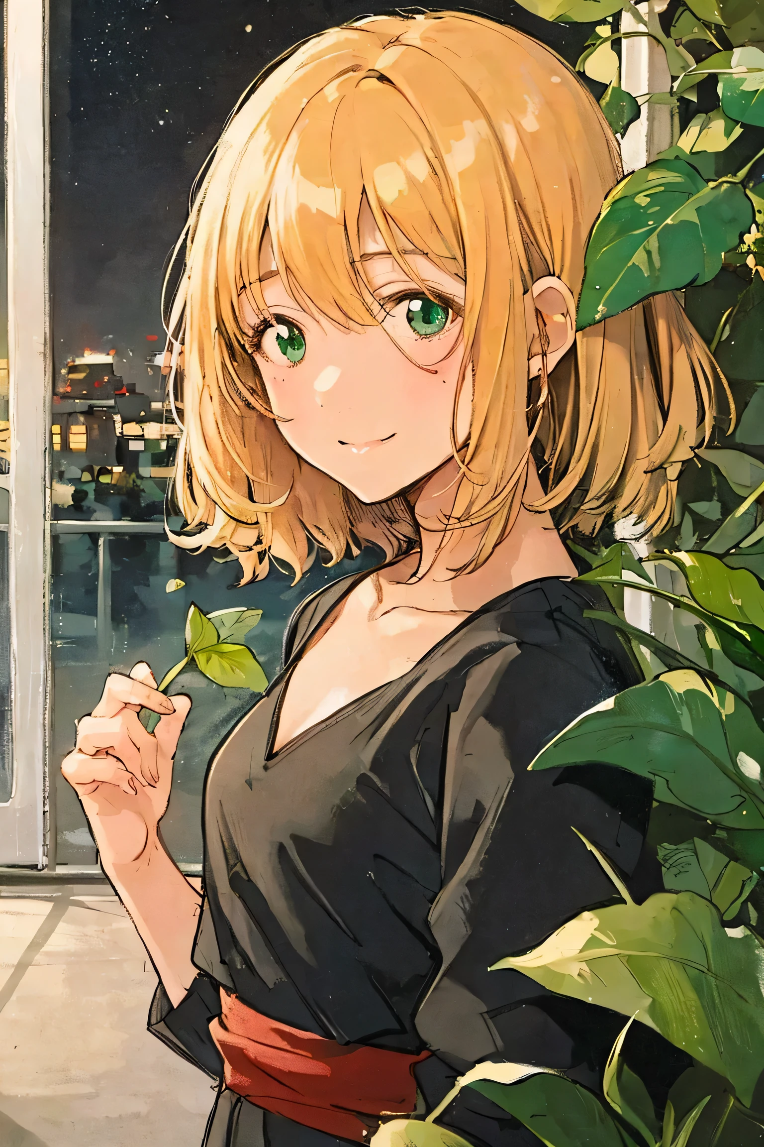 A full moon full of screens,Upper body angle, Attractive Expressions, beautiful woman's cool eyes, Smile Yan,Flickering brown hair 、 emerald green, Clear night sky , bob cut, hyperrealism, European black elegant dress,Play with black swallowtail