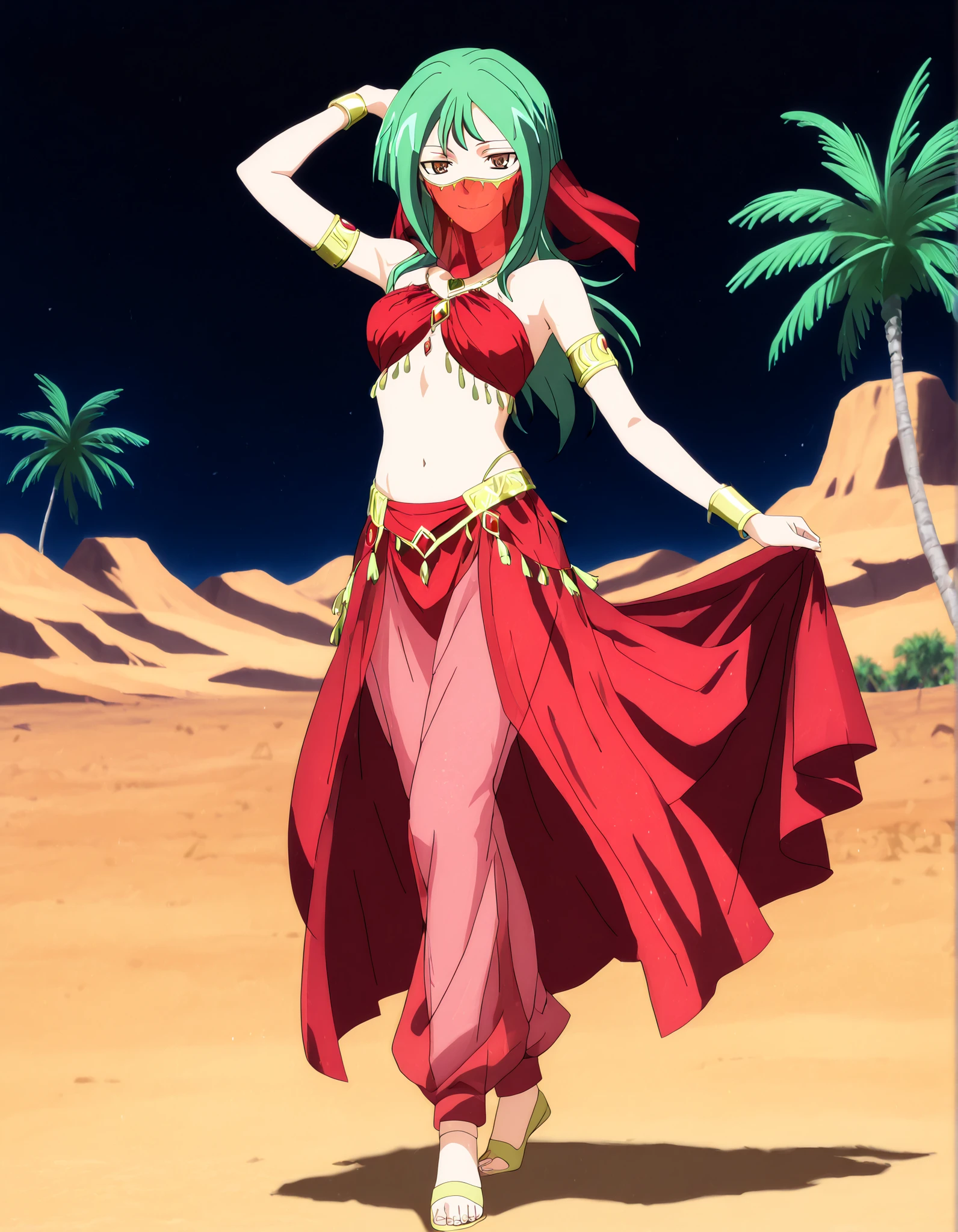 (1girl:1 . 5) , (Seul:1 . 5) , score_9 , score_8_haut , score_7_haut , source_anime , Official work  , ultra-detailed , masterpiece , better quality , high resolution , beaux yeux , detailed eyes , Detailed face , beautiful detailed eyes,long hair, green hair, brown eyes,Cardfight!! Vanguard,Tokoha Anjou,Arabian Clothes , Arabian Dancer ,belly dancer costume,belly dancer outfit ,full body,golden jewelery,mouth veil,armlet, belly dancing,night,desert lands,palm tree,seductive smile, dancing with veil, dynamic movement,dance posture, seductive pose