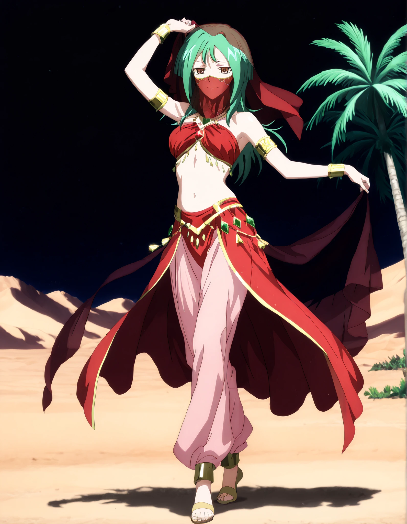 (1girl:1 . 5) , (Seul:1 . 5) , score_9 , score_8_haut , score_7_haut , source_anime , Official work  , ultra-detailed , masterpiece , better quality , high resolution , beaux yeux , detailed eyes , Detailed face , beautiful detailed eyes,long hair, green hair, brown eyes,Cardfight!! Vanguard,Tokoha Anjou,Arabian Clothes , Arabian Dancer ,belly dancer costume,belly dancer outfit ,full body,golden jewelery,mouth veil,armlet, belly dancing,night,desert lands,palm tree,seductive smile, dancing with veil, dynamic movement,dance posture, seductive pose