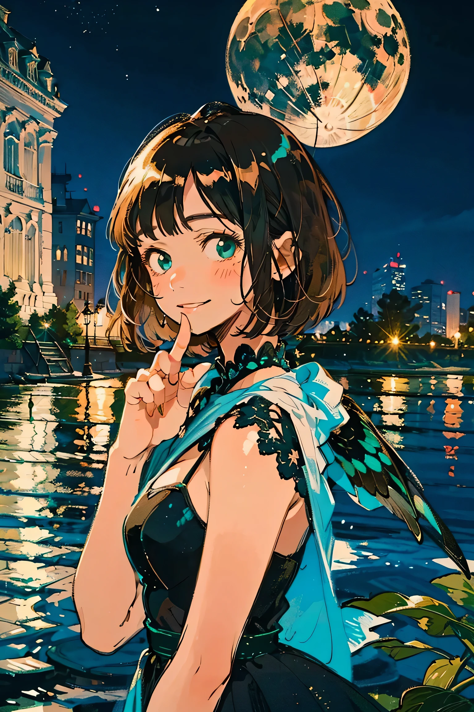 A full moon full of screens,Upper body angle, Attractive Expressions, beautiful woman's cool eyes, Smile Yan,Flickering brown hair 、 emerald green, Clear night sky , bob cut, hyperrealism, European black elegant dress,Play with black swallowtail