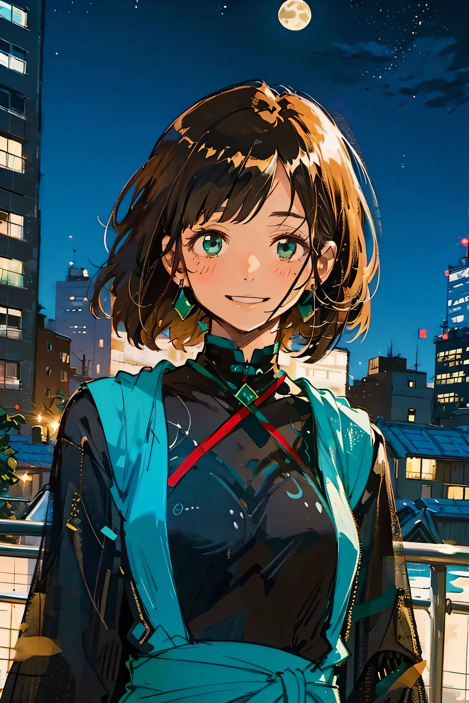 A full moon full of screens,Upper body angle, Attractive Expressions, beautiful woman's cool eyes, Smile Yan,Flickering brown hair 、 emerald green, Clear night sky , bob cut, hyperrealism, European black elegant dress,Play with black swallowtail