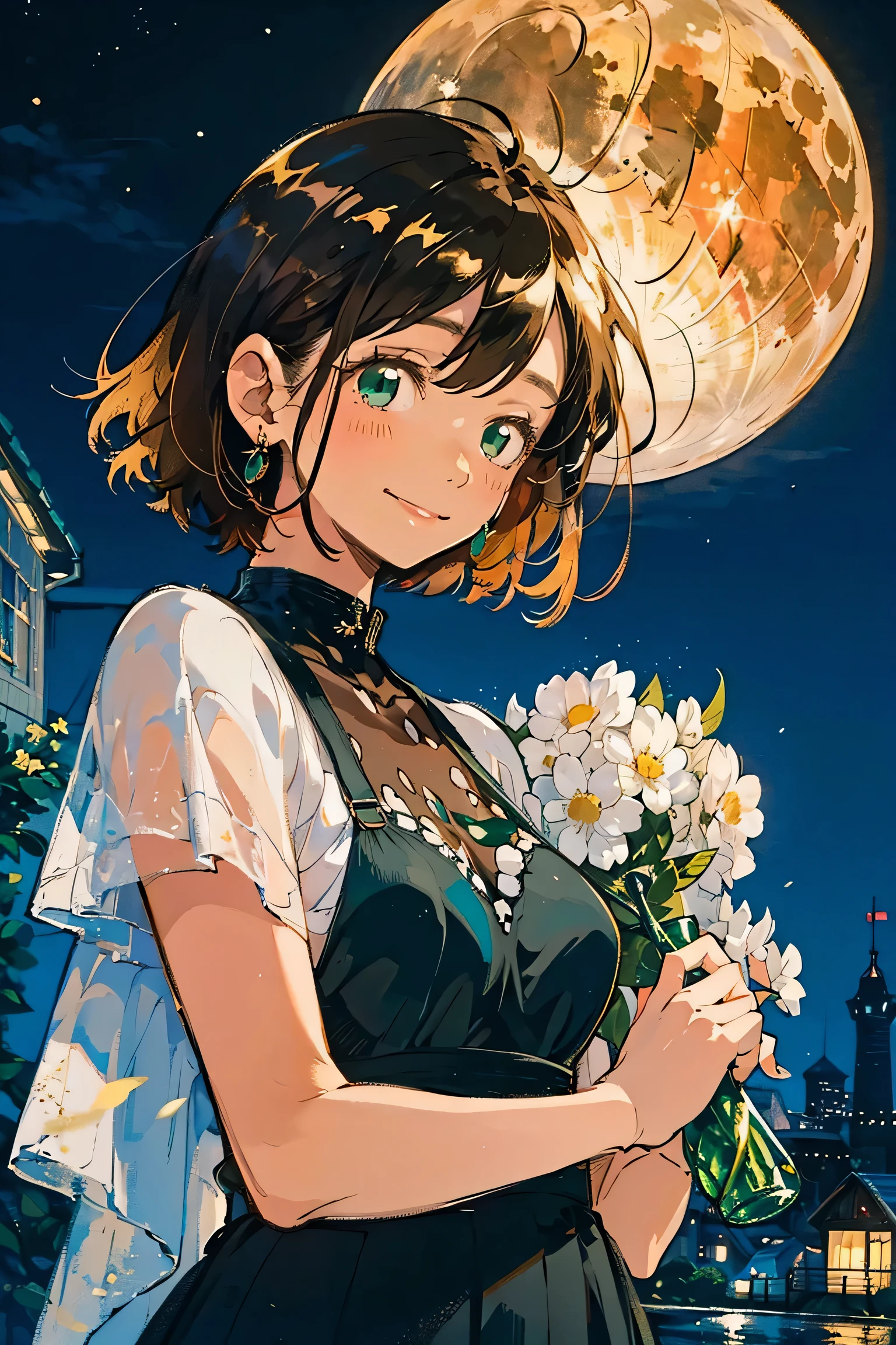 A full moon full of screens,Upper body angle, Attractive Expressions, beautiful woman's cool eyes, Smile Yan,Flickering brown hair 、 emerald green, Clear night sky , bob cut, hyperrealism, European black elegant dress,Play with black swallowtail