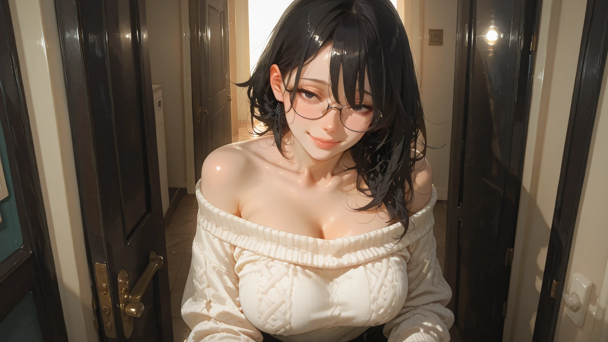 beautiful mature woman,messy short black hair,seductivesmile, disheveled hair,glasses,small eyes, loose white off-shoulder sweater, opening the front door,apartment entrance,outer glow,POV,
,Radial Composition,Diagonal Composition,watercolor BREAK masterpiece, best quality, ultra-detailed, high resolution, 8k, finely detailed, intricate details,sharp focus,dramatic shadows, subdued expression, natural posture, soft shadows, serene mood,  high detail, cinematic composition, realistic lighting,perfect anatomy, detailed clothes, ray tracing reflections,Dynamic lighting,HDR,cinematic lighting, global illumination, moody lighting
