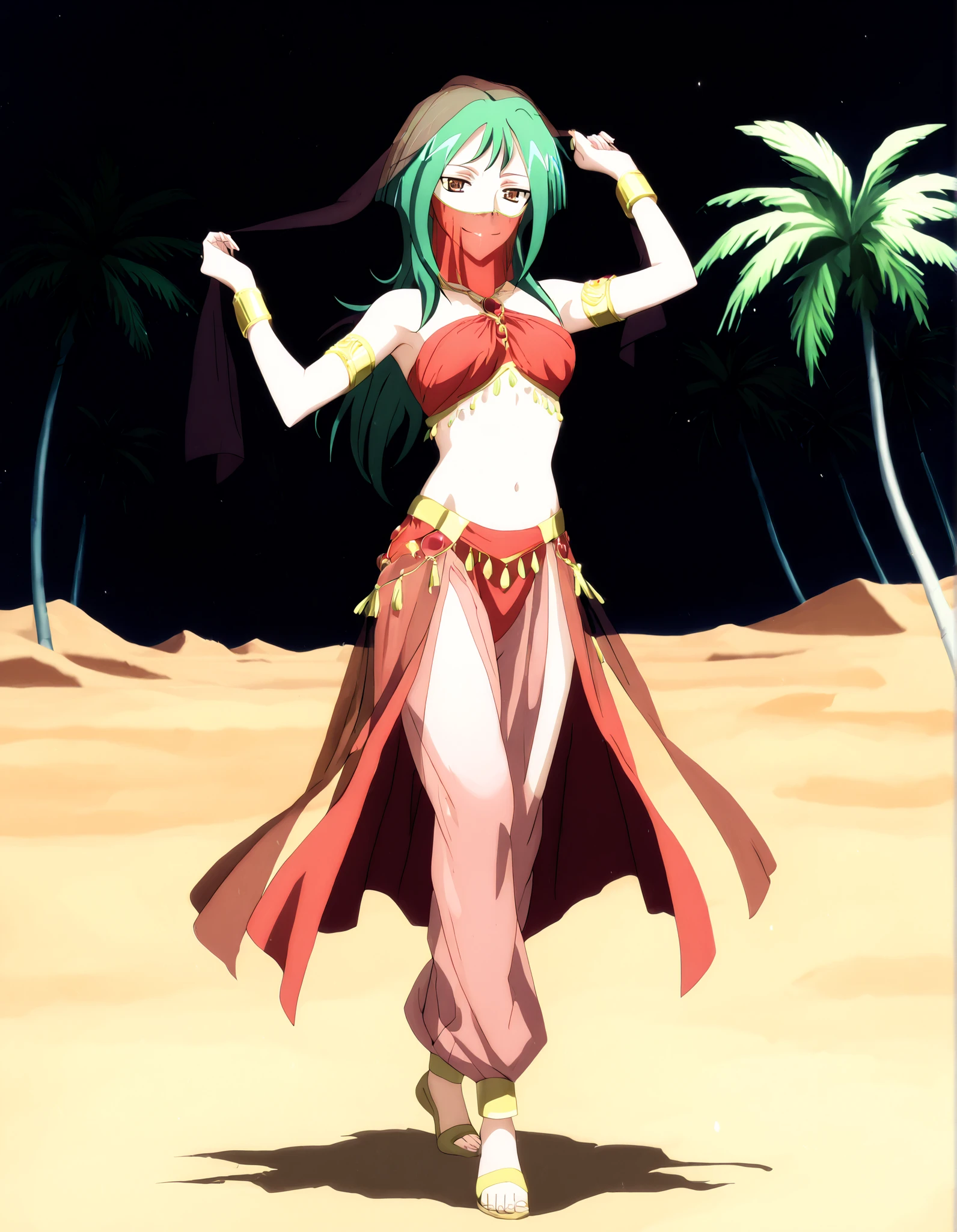 (1girl:1 . 5) , (Seul:1 . 5) , score_9 , score_8_haut , score_7_haut , source_anime , Official work , ultra-detailed , masterpiece , better quality , high resolution , beaux yeux , detailed eyes , Detailed face , beautiful detailed eyes,long hair, green hair, brown eyes,Cardfight!! Vanguard,Tokoha Anjou,Arabian Clothes , Arabian Dancer ,belly dancer costume,belly dancer outfit ,full body,golden jewelery,mouth veil,armlet, belly dancing,night,desert lands,palm tree,seductive smile, dancing with veil, dynamic movement,dance posture, seductive pose