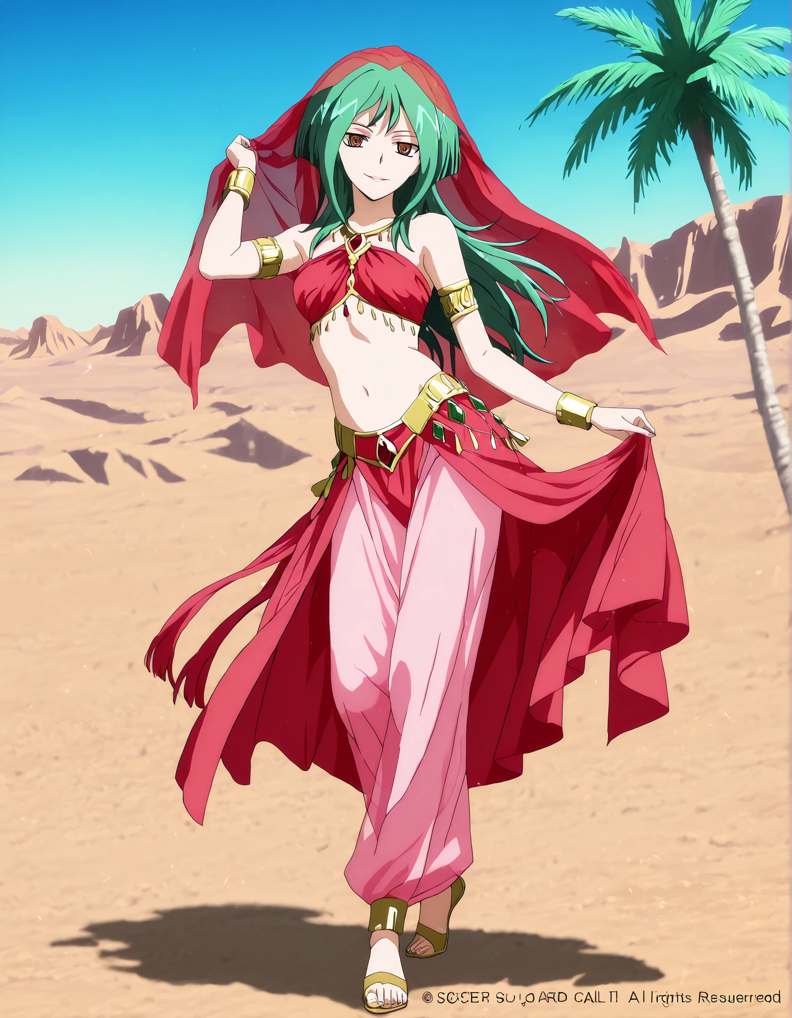 (1girl:1 . 5) , (Seul:1 . 5) , score_9 , score_8_haut , score_7_haut , source_anime , Official work  , ultra-detailed , masterpiece , better quality , high resolution , beaux yeux , detailed eyes , Detailed face , beautiful detailed eyes,long hair, green hair, brown eyes,Cardfight!! Vanguard,Tokoha Anjou,Arabian Clothes , Arabian Dancer ,belly dancer costume,belly dancer outfit ,full body,golden jewelery,armlet, belly dancing,desert lands,palm tree,seductive smile, dancing with veil, dynamic movement,dance posture, seductive pose