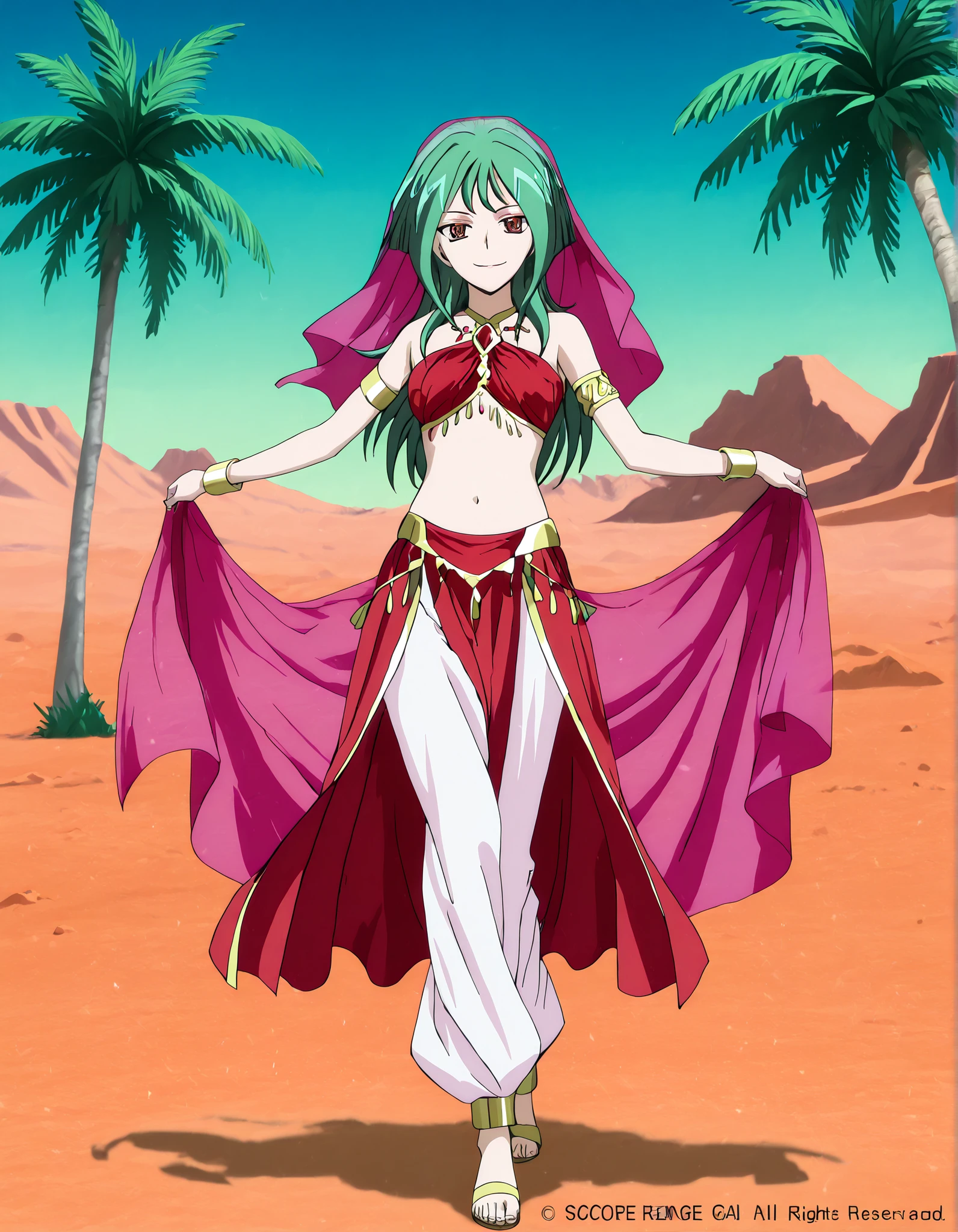 (1girl:1 . 5) , (Seul:1 . 5) , score_9 , score_8_haut , score_7_haut , source_anime , Official work  , ultra-detailed , masterpiece , better quality , high resolution , beaux yeux , detailed eyes , Detailed face , beautiful detailed eyes,long hair, green hair, brown eyes,Cardfight!! Vanguard,Tokoha Anjou,Arabian Clothes , Arabian Dancer ,belly dancer costume,belly dancer outfit ,full body,golden jewelery,armlet, belly dancing,desert lands,palm tree,seductive smile, dancing with veil, dynamic movement,dance posture, seductive pose