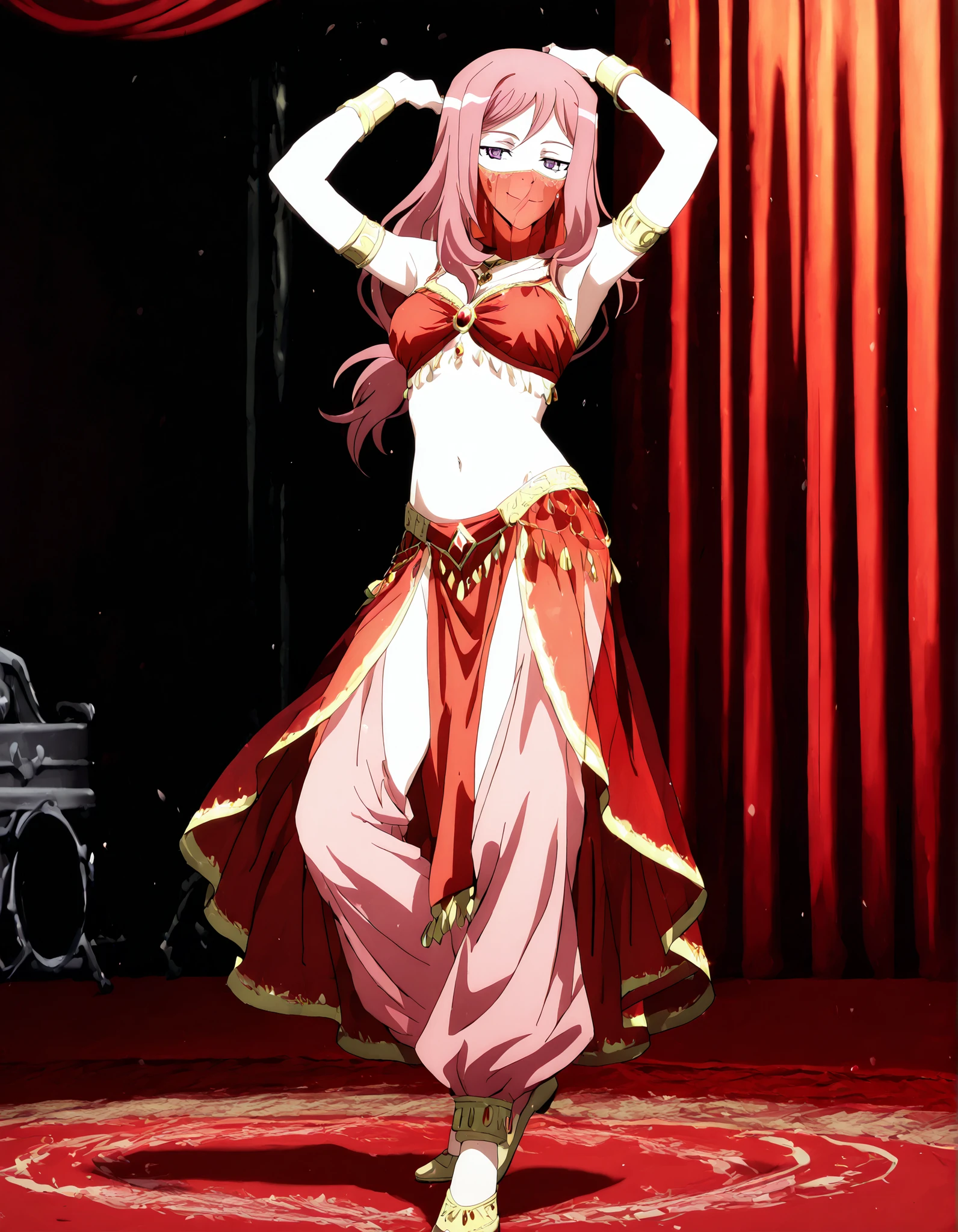 (1girl:1 . 5) , (Seul:1 . 5) , score_9 , score_8_haut , score_7_haut , source_anime , Official work  , ultra-detailed , masterpiece , better quality , high resolution , beaux yeux , detailed eyes , Detailed face , beautiful detailed eyes,long hair, pink hair, purple eyes,Cardfight!! Vanguard,Kumi Okazaki,Arabian Clothes , Arabian Dancer ,belly dancer costume,belly dancer outfit ,full body,golden jewelery,mouth veil,armlet, belly dancing,arabian theater,seductive smile, dancing with veil, dynamic movement,dance posture,  pose