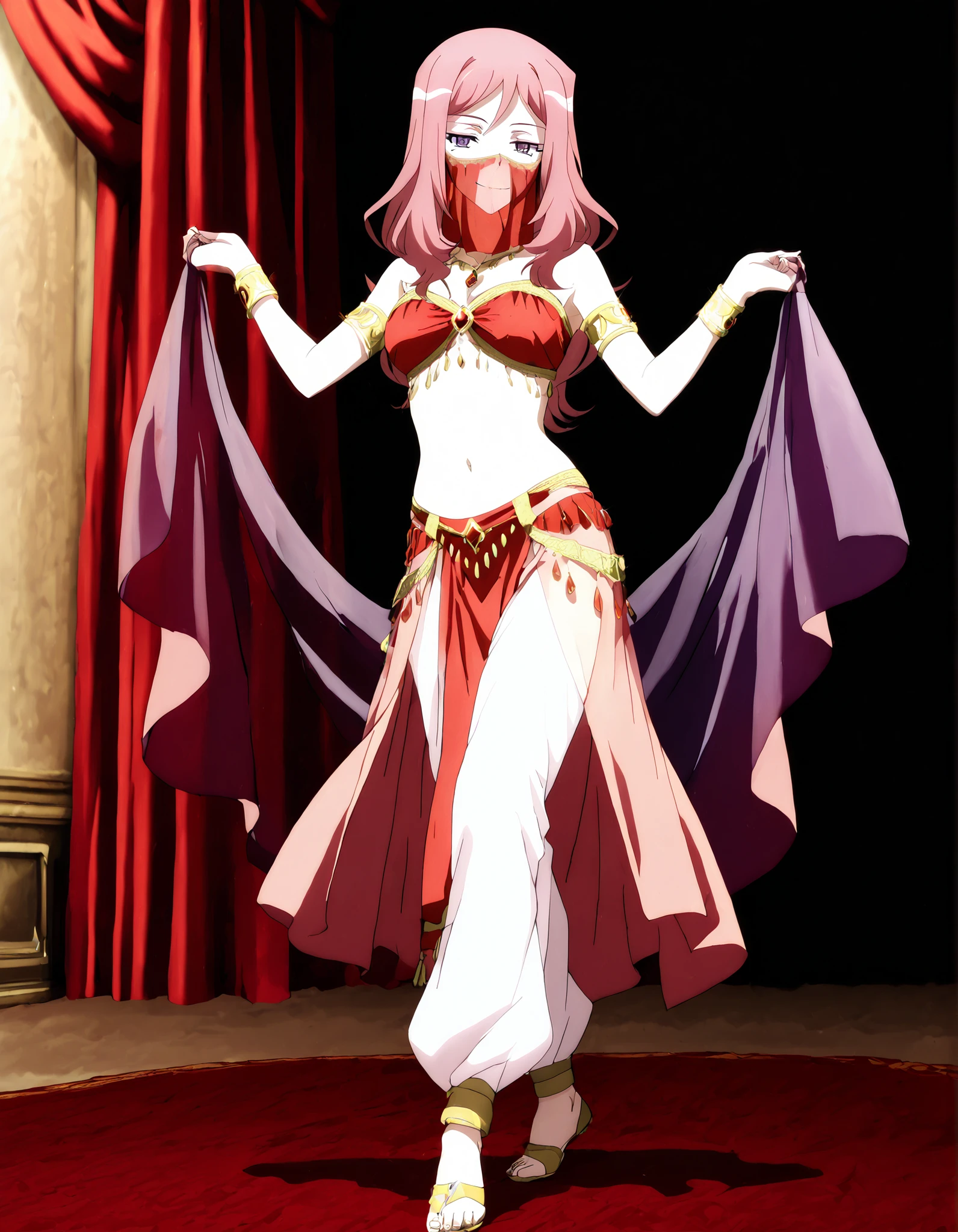 (1girl:1 . 5) , (Seul:1 . 5) , score_9 , score_8_haut , score_7_haut , source_anime , Official work  , ultra-detailed , masterpiece , better quality , high resolution , beaux yeux , detailed eyes , Detailed face , beautiful detailed eyes,long hair, pink hair, purple eyes,Cardfight!! Vanguard,Kumi Okazaki,Arabian Clothes , Arabian Dancer ,belly dancer costume,belly dancer outfit ,full body,golden jewelery,mouth veil,armlet, belly dancing,arabian theater,seductive smile, dancing with veil, dynamic movement,dance posture,  pose