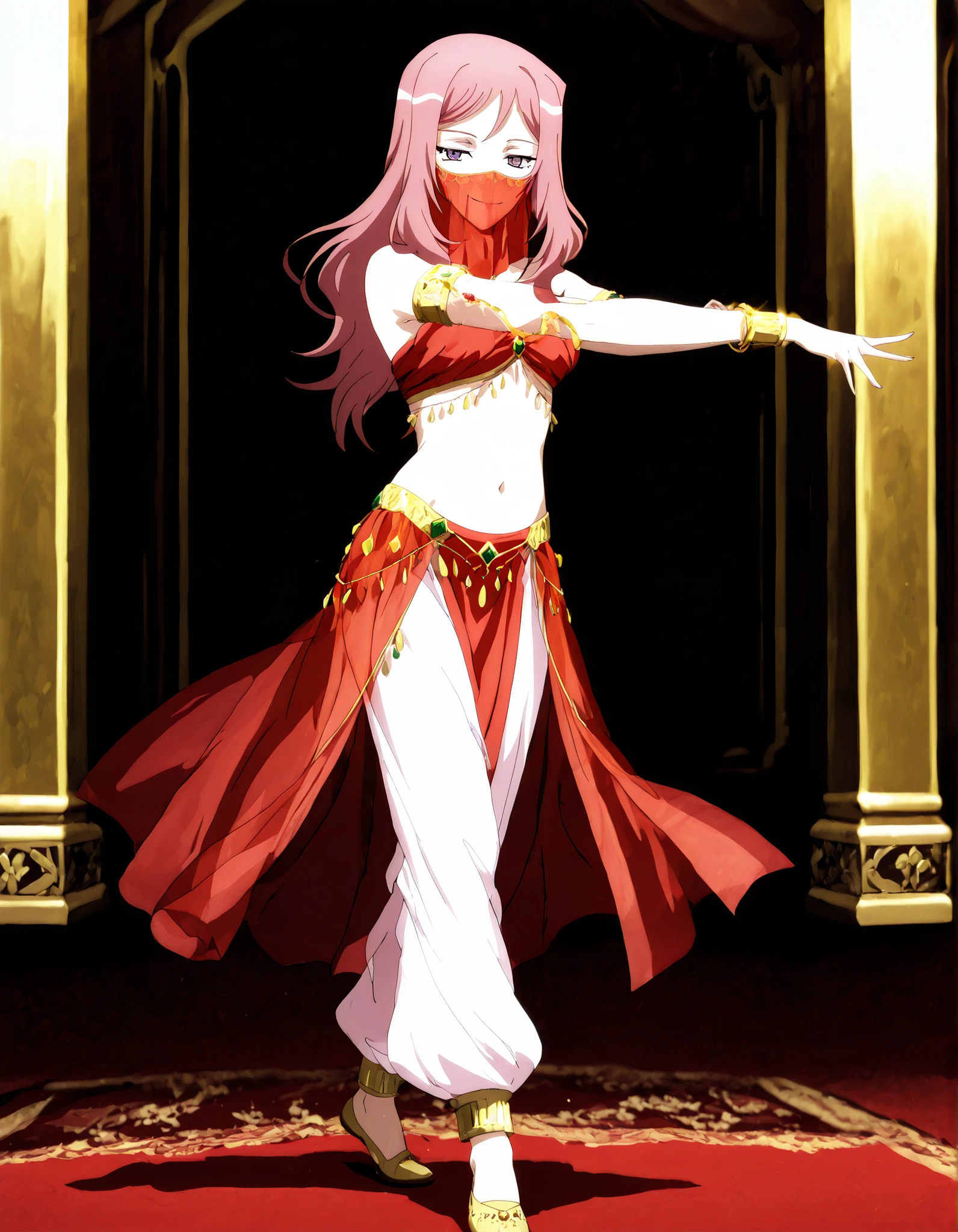 (1girl:1 . 5) , (Seul:1 . 5) , score_9 , score_8_haut , score_7_haut , source_anime , Official work  , ultra-detailed , masterpiece , better quality , high resolution , beaux yeux , detailed eyes , Detailed face , beautiful detailed eyes,long hair, pink hair, purple eyes,Cardfight!! Vanguard,Kumi Okazaki,Arabian Clothes , Arabian Dancer ,belly dancer costume,belly dancer outfit ,full body,golden jewelery,mouth veil,armlet, belly dancing,arabian theater,seductive smile, dancing with veil, dynamic movement,dance posture,  pose