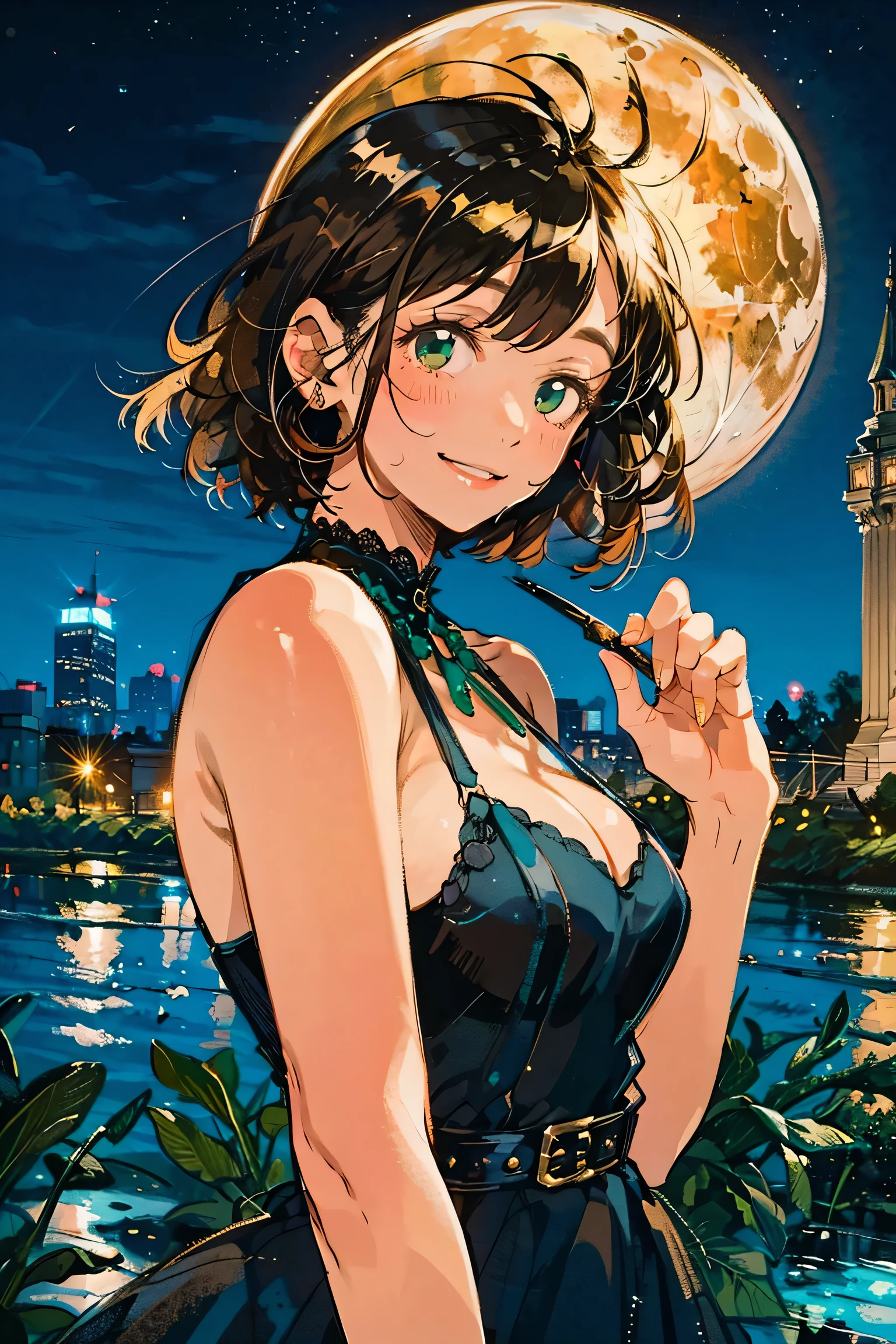 A full moon full of screens,Upper body angle, Attractive Expressions, beautiful woman's cool eyes, Smile Yan,Flickering brown hair 、 emerald green, Clear night sky , bob cut, hyperrealism, European black elegant dress,Play with black swallowtail
