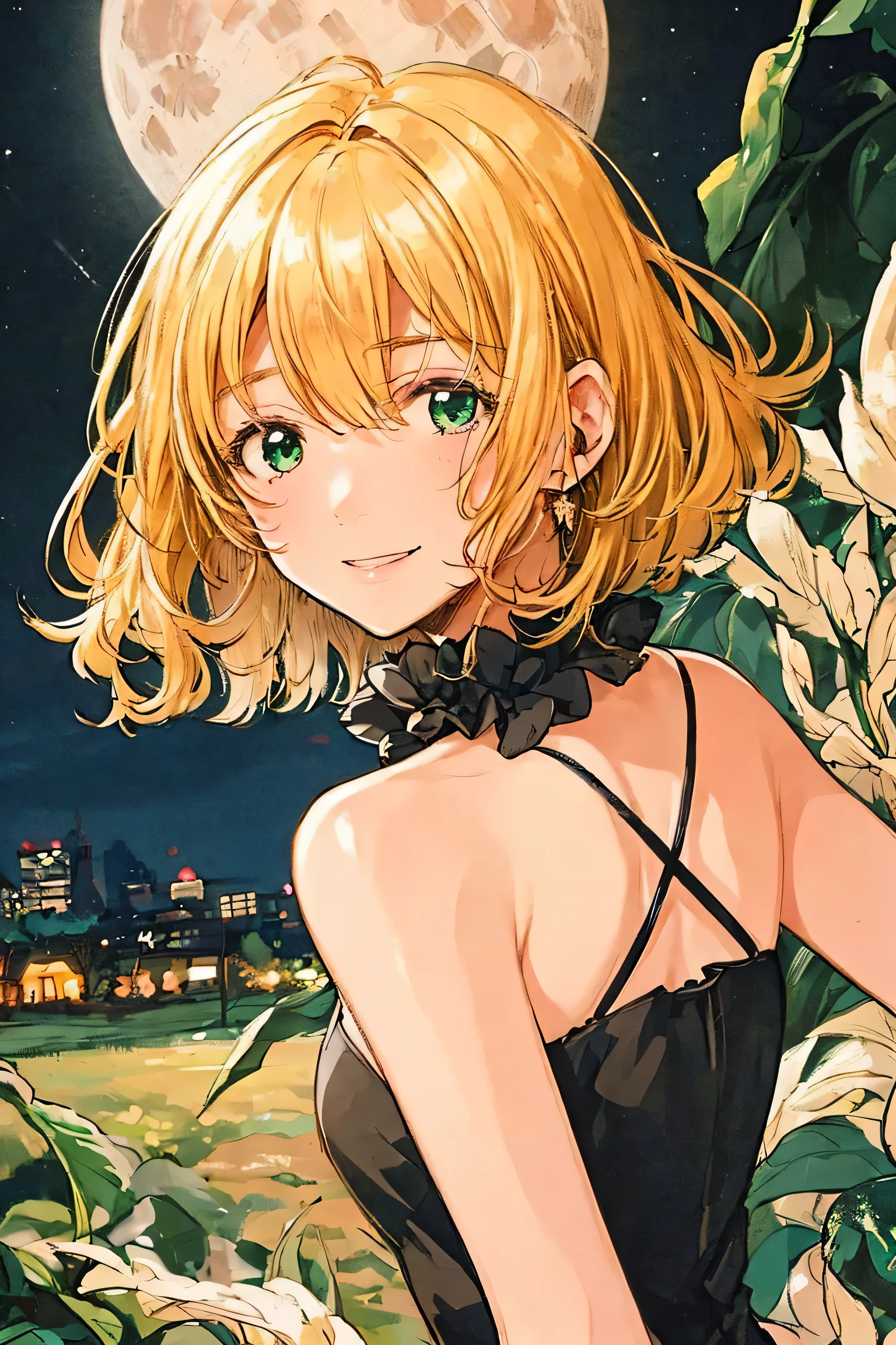 A full moon full of screens,Upper body angle, Attractive Expressions, beautiful woman's cool eyes, Smile Yan,Flickering brown hair 、 emerald green, Clear night sky , bob cut, hyperrealism, European black elegant dress,Play with black swallowtail