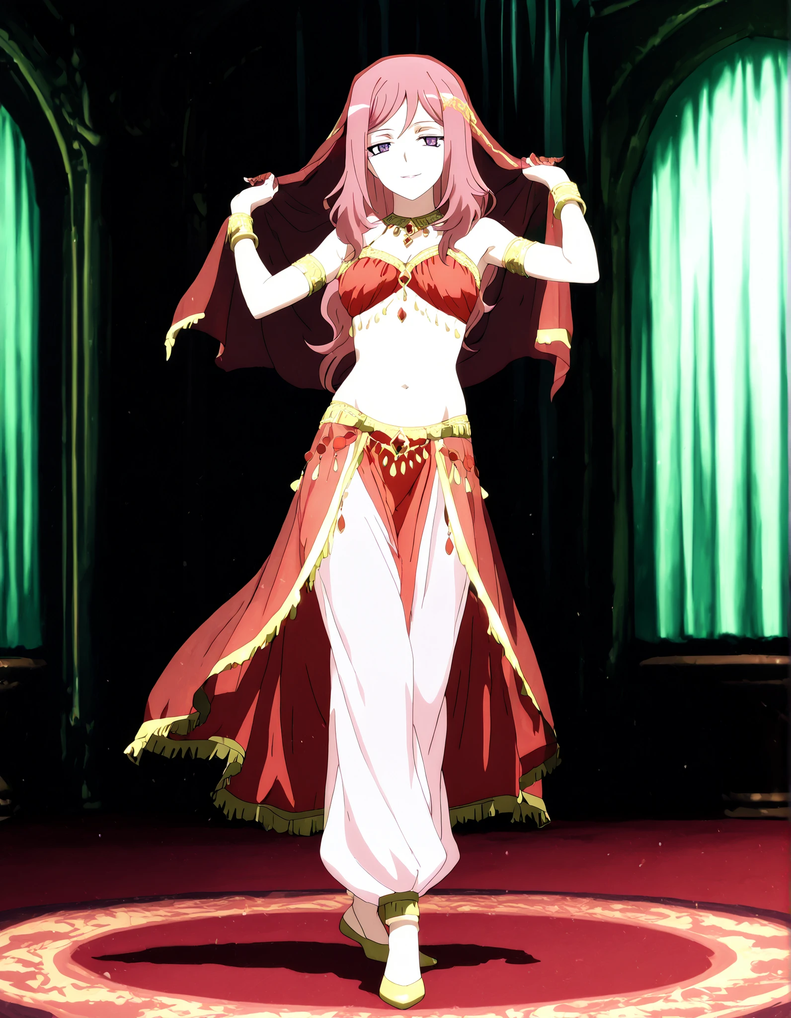 (1girl:1 . 5) , (Seul:1 . 5) , score_9 , score_8_haut , score_7_haut , source_anime , Official work  , ultra-detailed , masterpiece , better quality , high resolution , beaux yeux , detailed eyes , Detailed face , beautiful detailed eyes,long hair, pink hair, purple eyes,Cardfight!! Vanguard,Kumi Okazaki,Arabian Clothes , Arabian Dancer Outfit ,belly dancer costume,belly dancer outfit ,full body,golden jewelery,armlet, belly dancing,arabian theater,seductive smile, dancing with veil, dynamic movement,dance posture,  pose